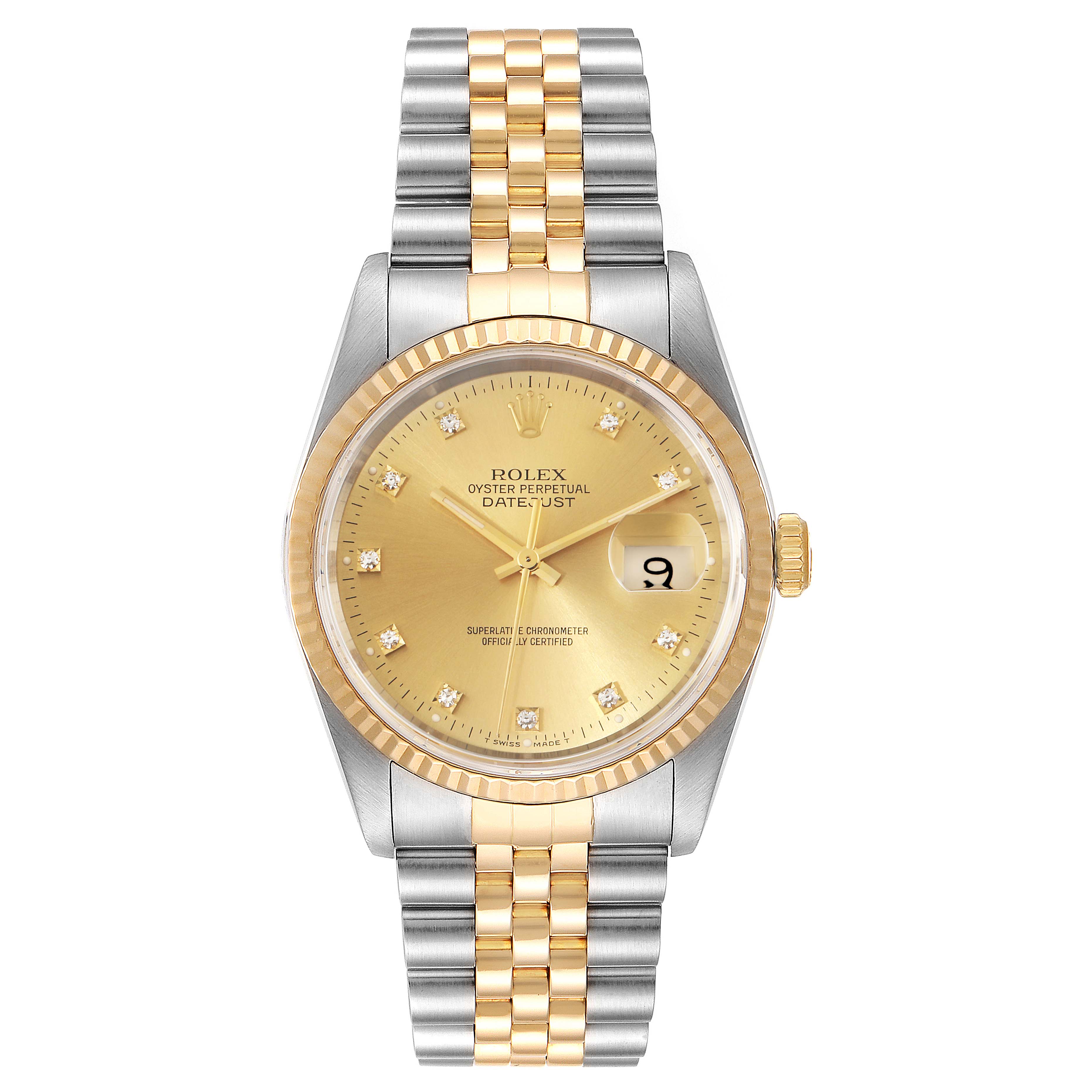 This image shows a Rolex Datejust 16233 Men's Steel and Gold (two tone) Champagne Dial 16233 Men's Steel and Gold (two tone) Champagne Dial watch with a gold dial and two-tone bracelet, viewed from the front.