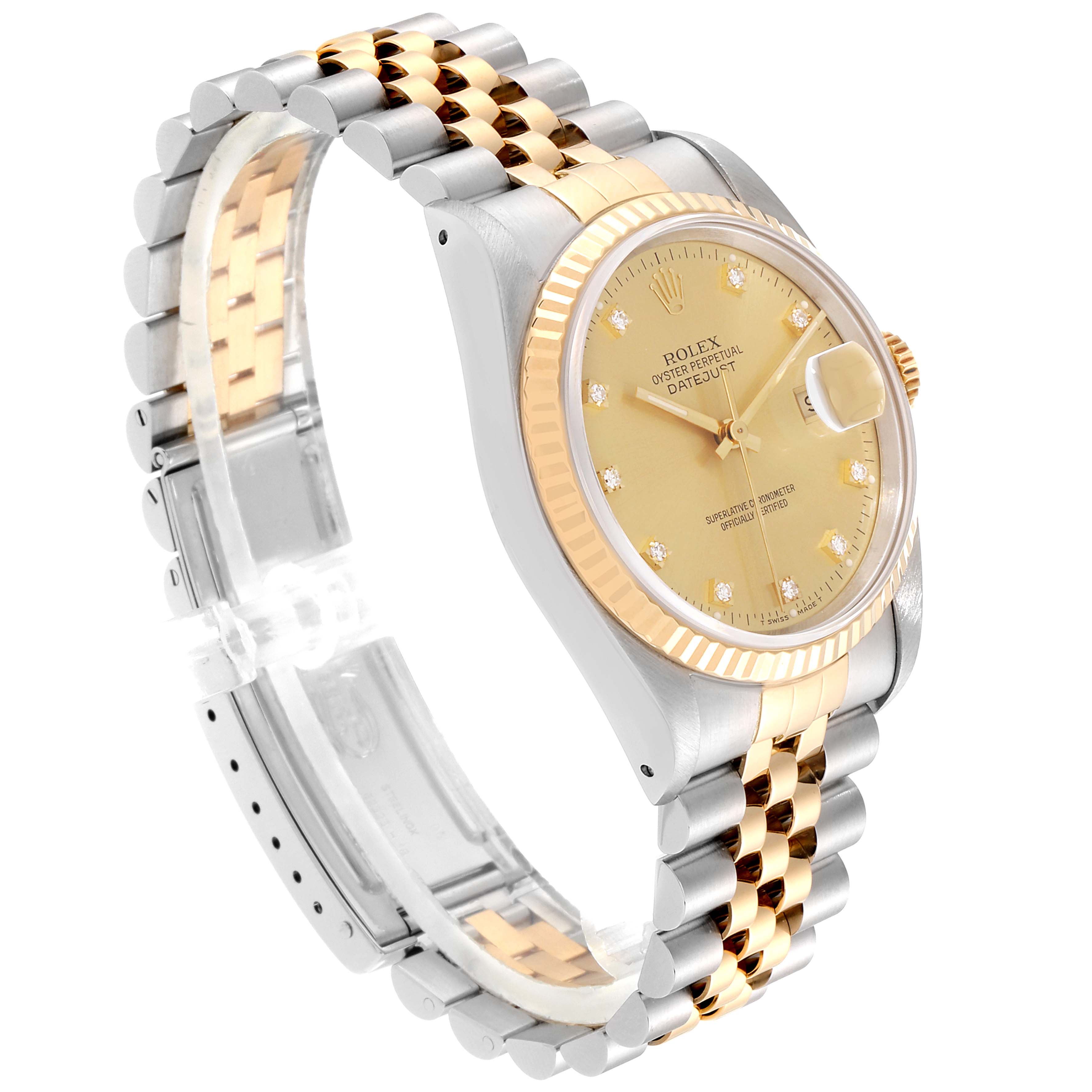This Rolex Datejust 16233 Men's Steel and Gold (two tone) Champagne Dial 16233 Men's Steel and Gold (two tone) Champagne Dial watch is shown at an angle highlighting its gold bezel, bracelet, and champagne dial with diamond markers.