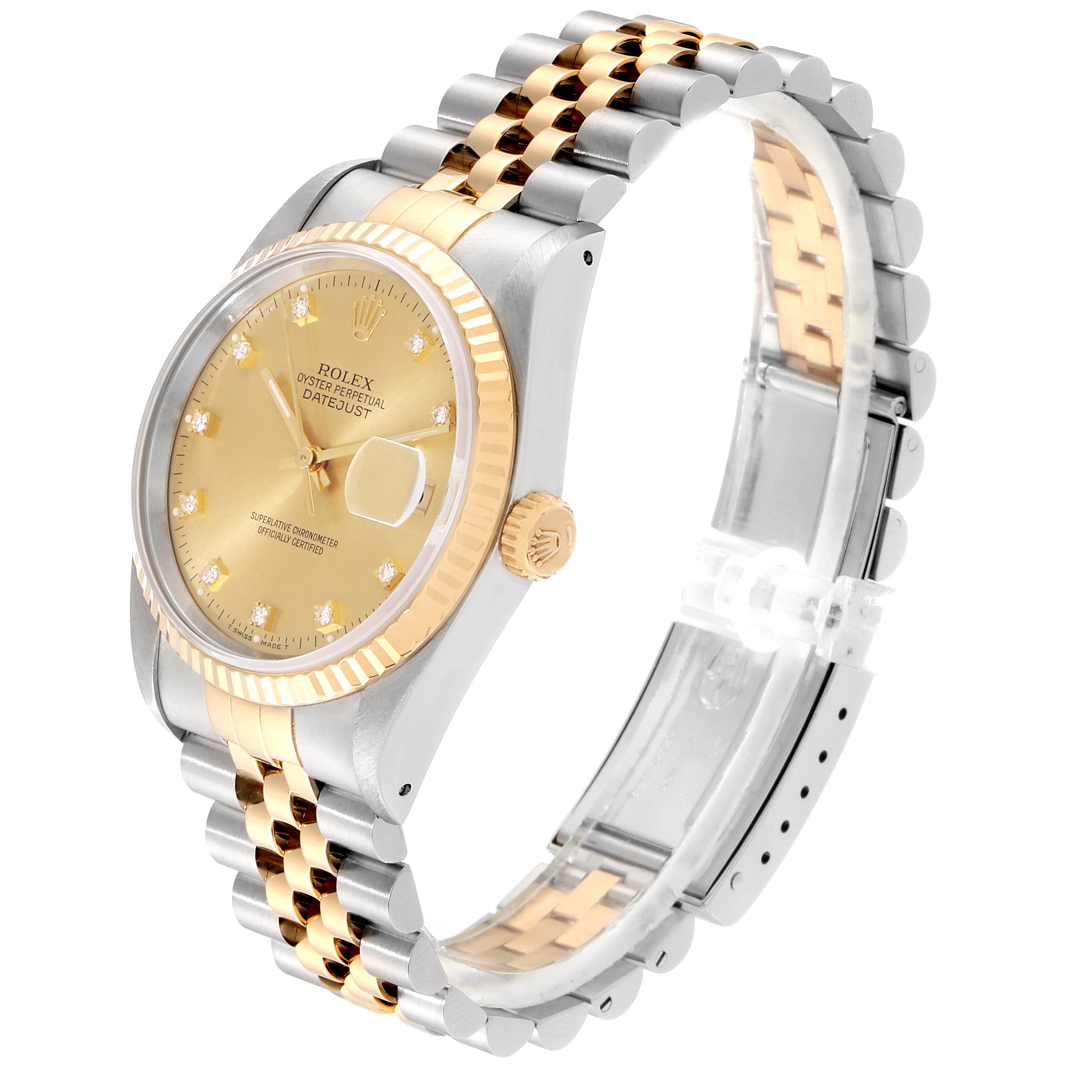 The Rolex Datejust 16233 Men's Steel and Gold (two tone) Champagne Dial 16233 Men's Steel and Gold (two tone) Champagne Dial watch is shown at a slight side angle, highlighting its gold dial, fluted bezel, and two-tone Jubilee bracelet.