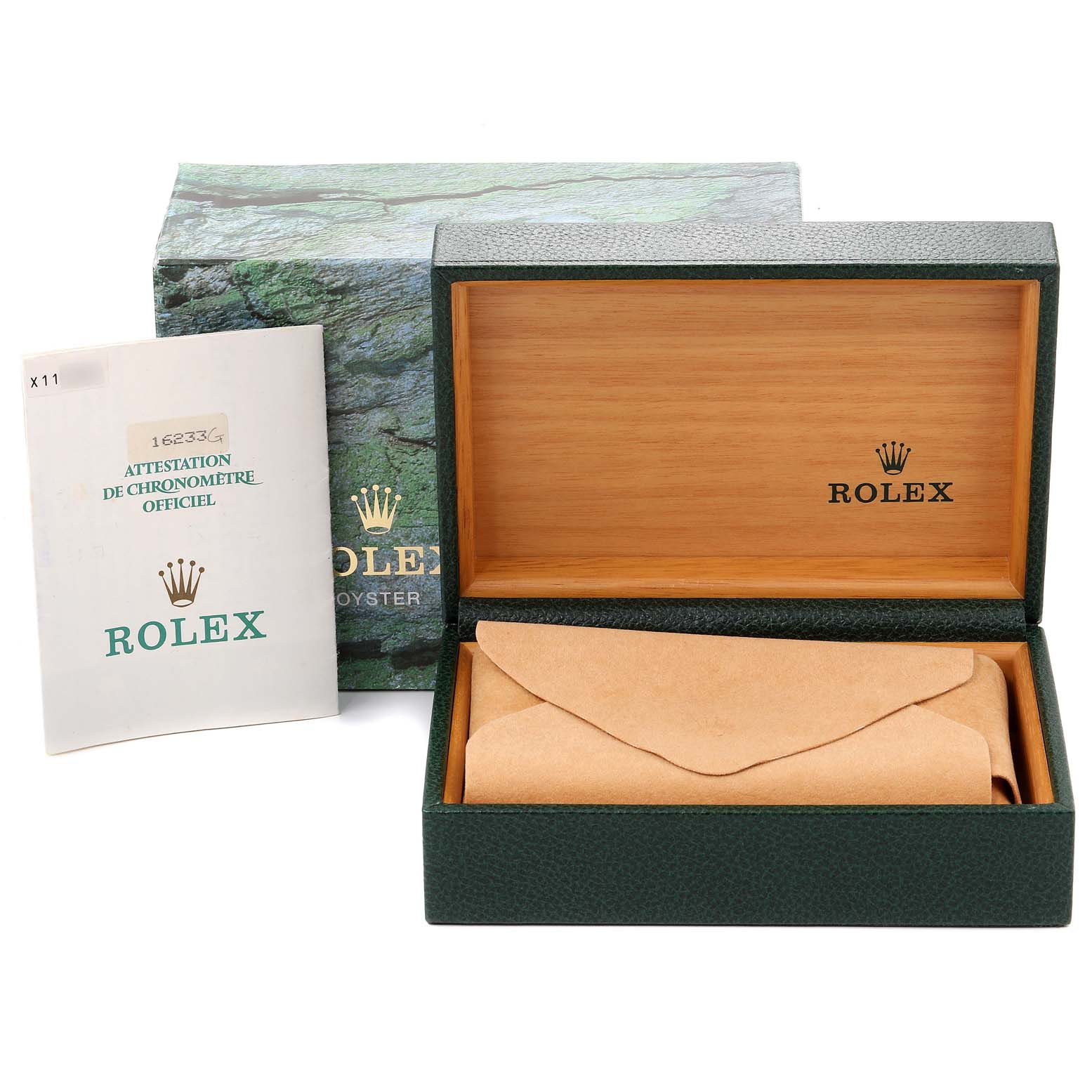 This image shows the open packaging box, inner box, and certificate for the Rolex Datejust 16233 Men's Steel and Gold (two tone) Champagne Dial 16233 Men's Steel and Gold (two tone) Champagne Dial watch model.