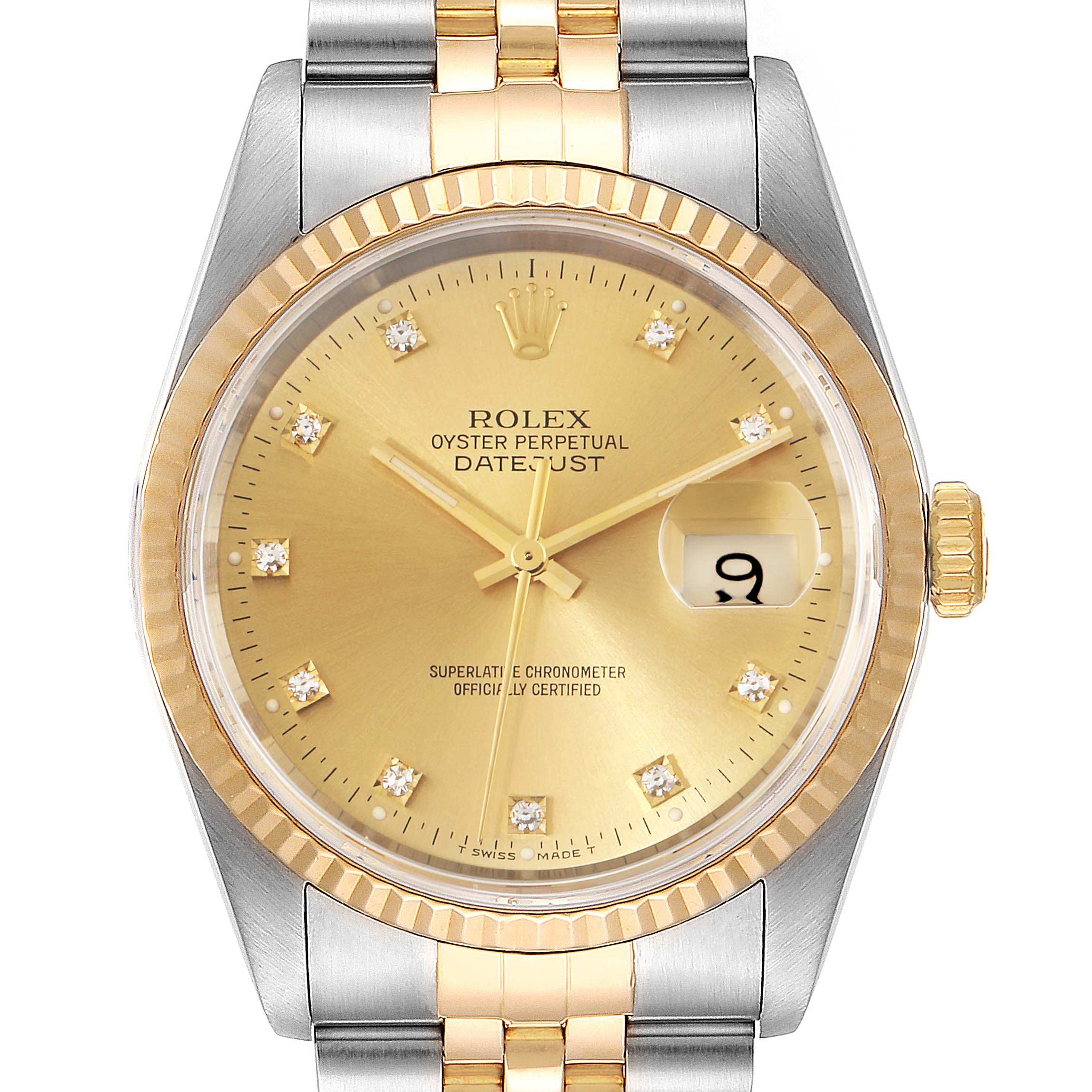 The image shows a front view of a Rolex Datejust 16233 Men's Steel and Gold (two tone) Champagne Dial 16233 Men's Steel and Gold (two tone) Champagne Dial watch, displaying the dial, bracelet, crown, and date window.
