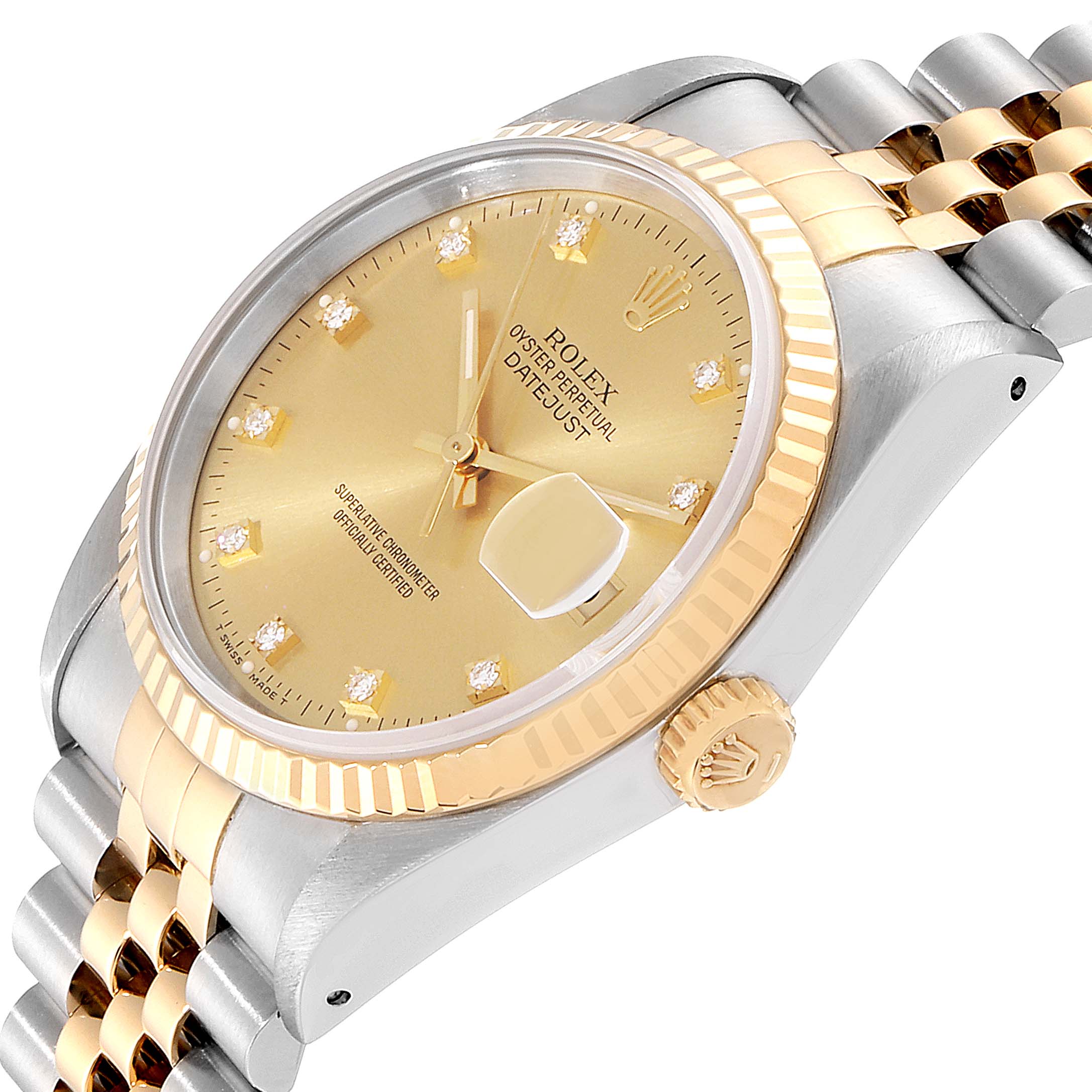 The image shows a Rolex Datejust 16233 Men's Steel and Gold (two tone) Champagne Dial 16233 Men's Steel and Gold (two tone) Champagne Dial watch from an angled side view, highlighting its gold dial, fluted bezel, and two-tone bracelet.