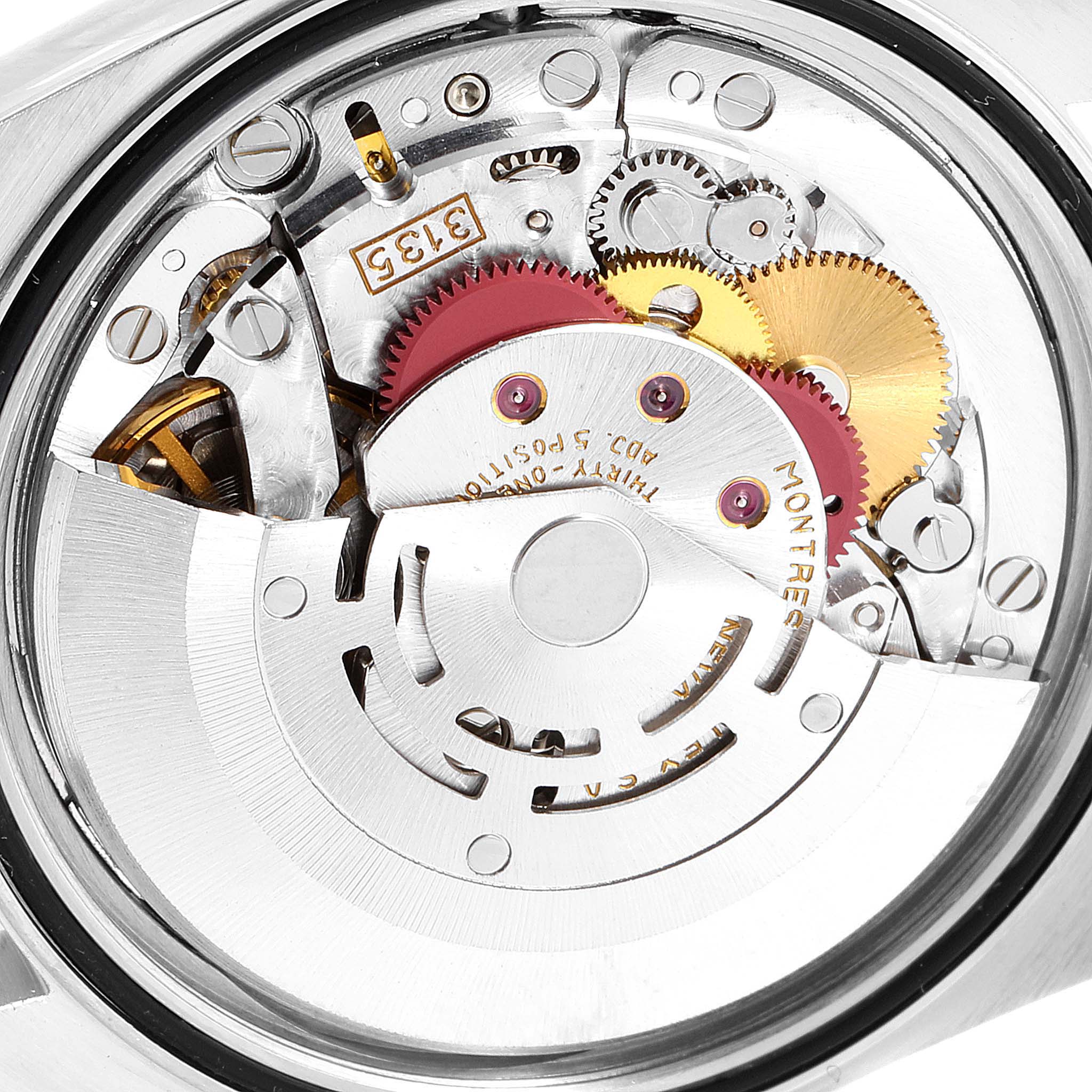 This is a close-up view of the inner mechanical movement components of a Rolex Datejust 16233 Men's Steel and Gold (two tone) Champagne Dial 16233 Men's Steel and Gold (two tone) Champagne Dial watch.
