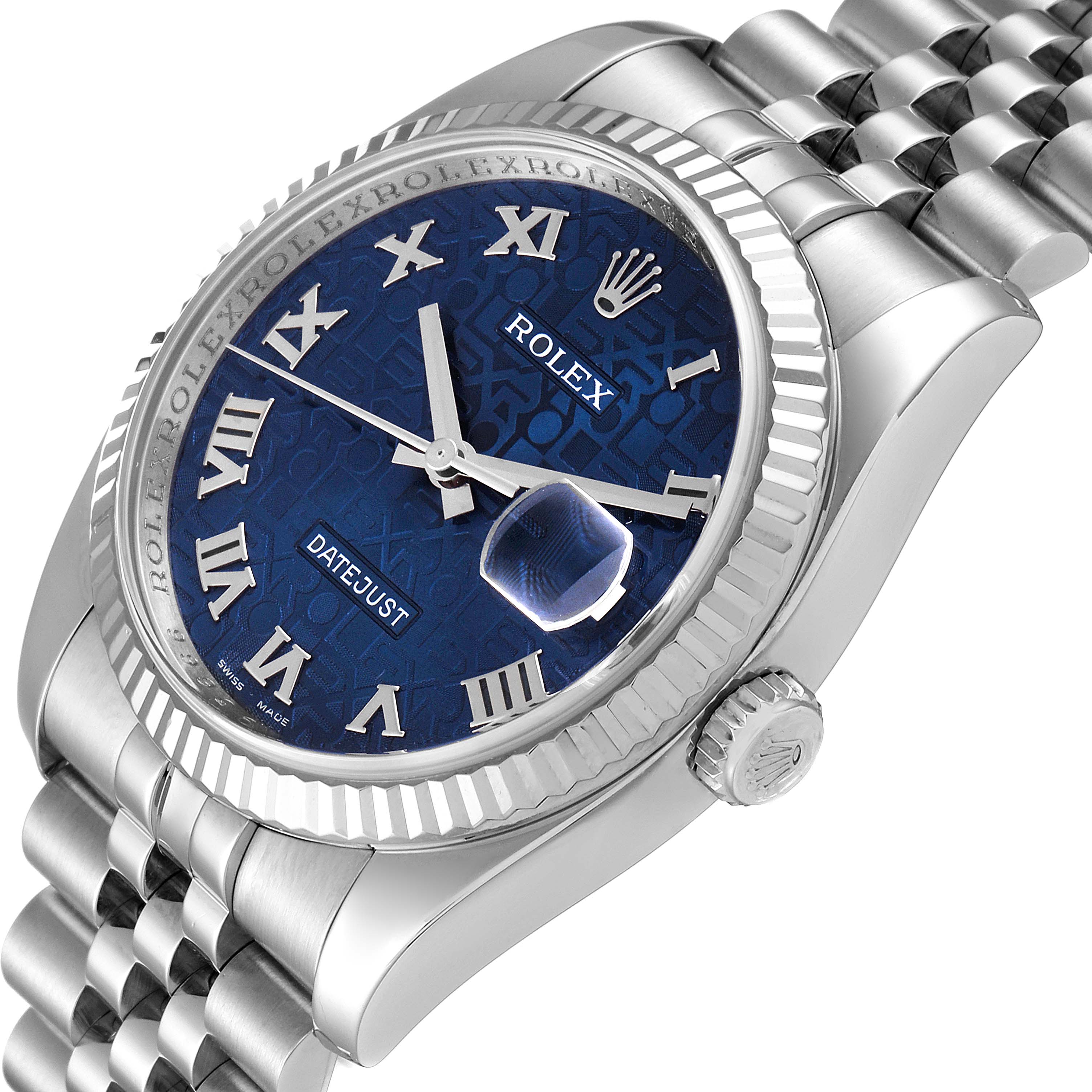 The image shows a Rolex Datejust 116234 Men's Stainless Steel Blue Dial 116234 Men's Stainless Steel Blue Dial watch at a three-quarter angle, highlighting its blue dial, fluted bezel, and Jubilee bracelet.
