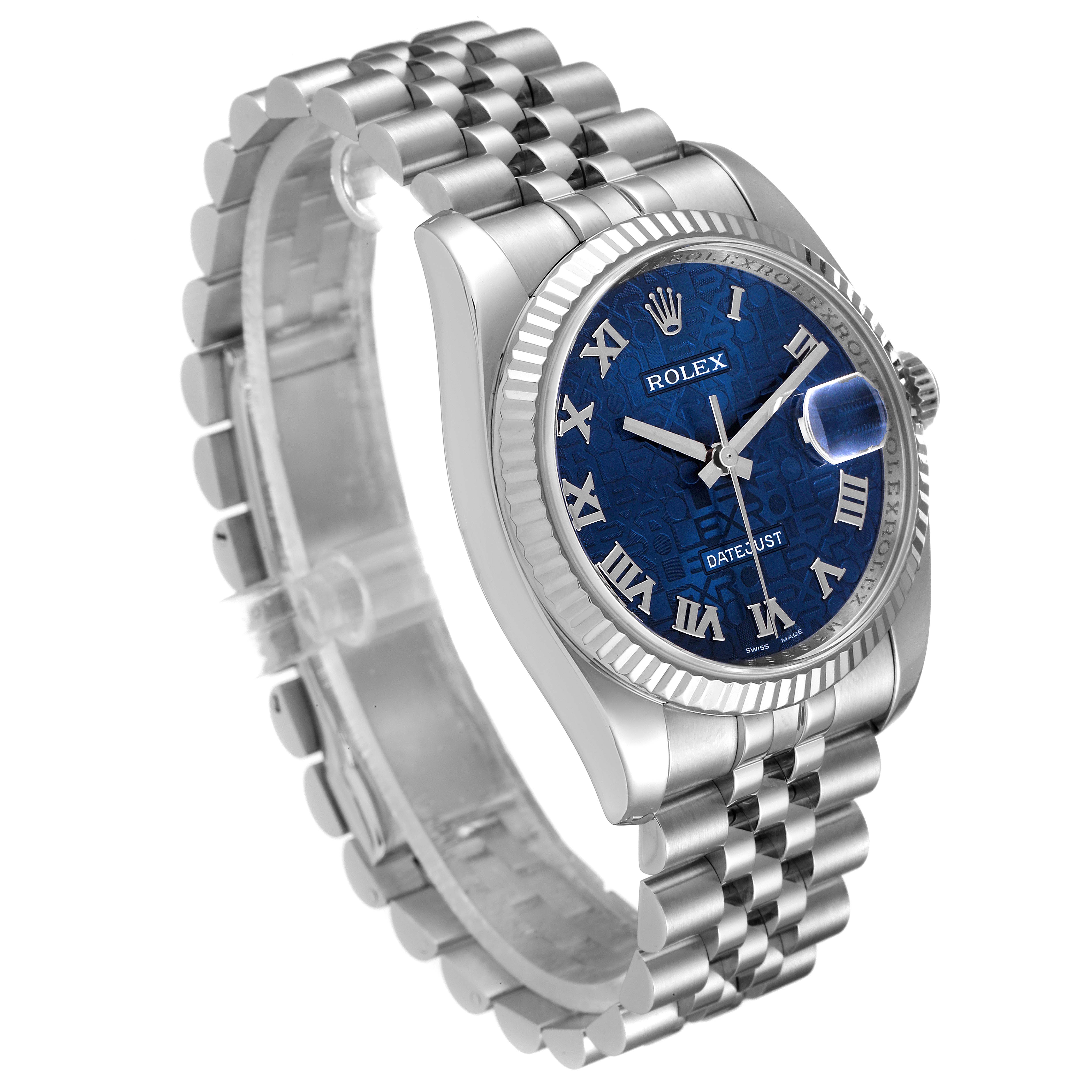 The image shows a Rolex Datejust 116234 Men's Stainless Steel Blue Dial 116234 Men's Stainless Steel Blue Dial watch at a three-quarter angle, highlighting its blue dial, silver fluted bezel, and jubilee bracelet.