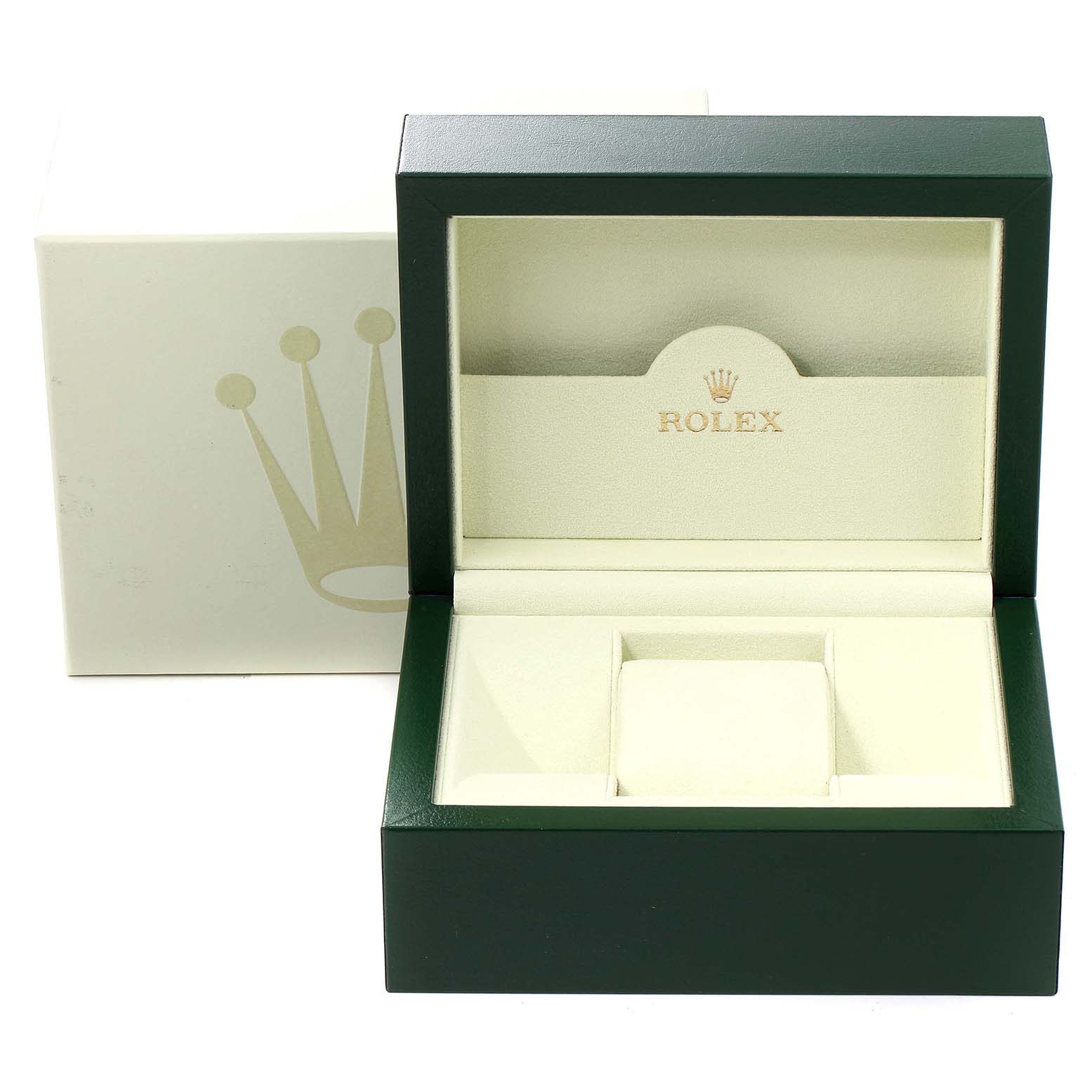 The image shows an open Rolex Datejust 116234 Men's Stainless Steel Blue Dial 116234 Men's Stainless Steel Blue Dial model watch box and its outer packaging, viewed from the front.