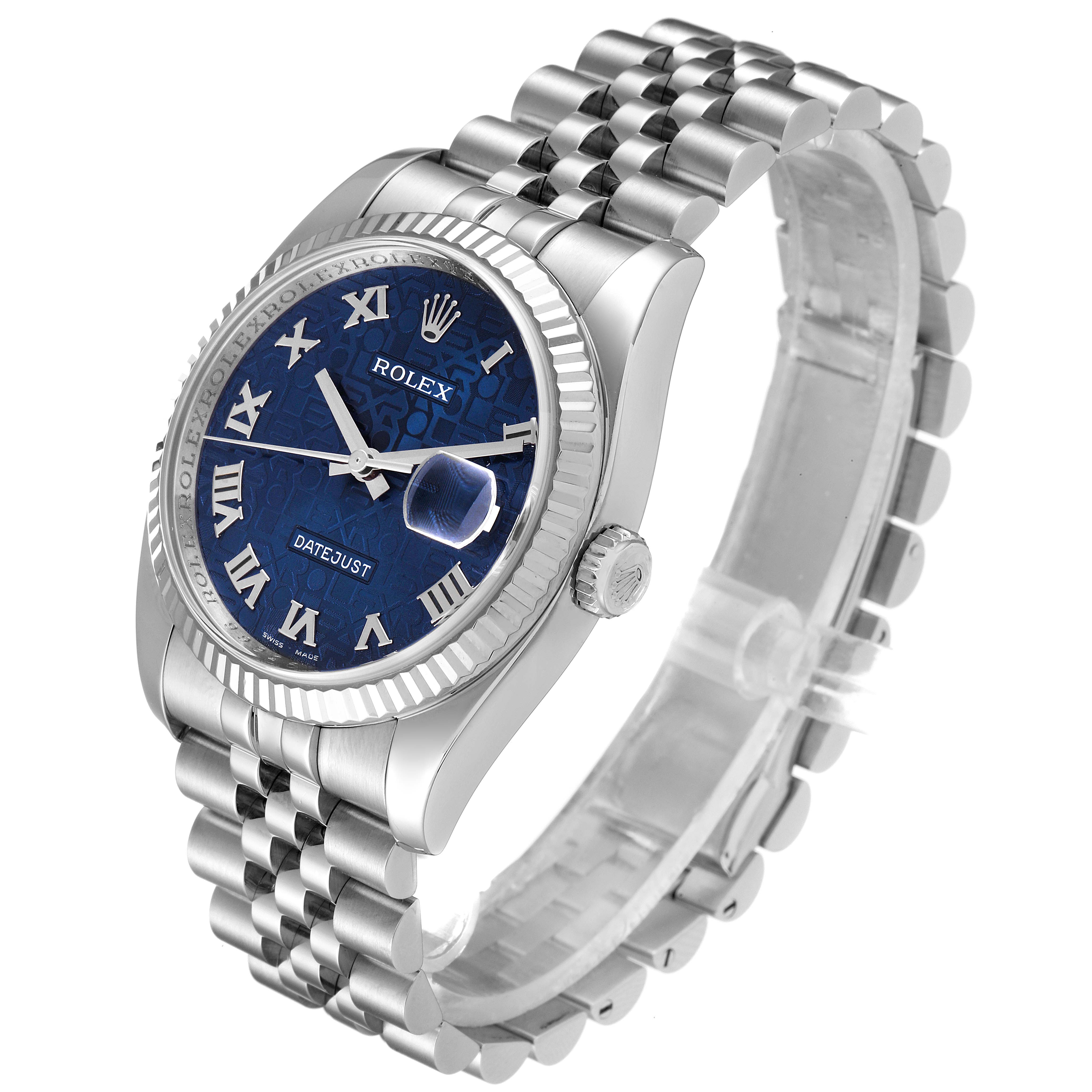 The image shows a Rolex Datejust 116234 Men's Stainless Steel Blue Dial 116234 Men's Stainless Steel Blue Dial watch from an angled view, highlighting the face, bezel, crown, and bracelet.