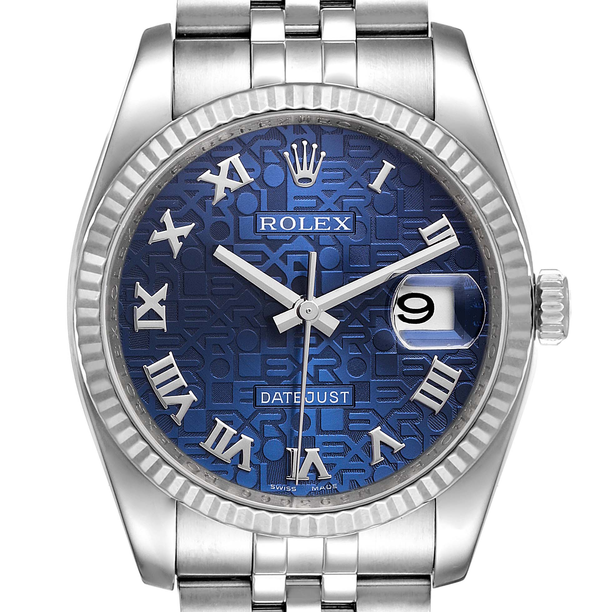This image shows a frontal view of the Rolex Datejust 116234 Men's Stainless Steel Blue Dial 116234 Men's Stainless Steel Blue Dial watch, highlighting the dial, bezel, and bracelet.