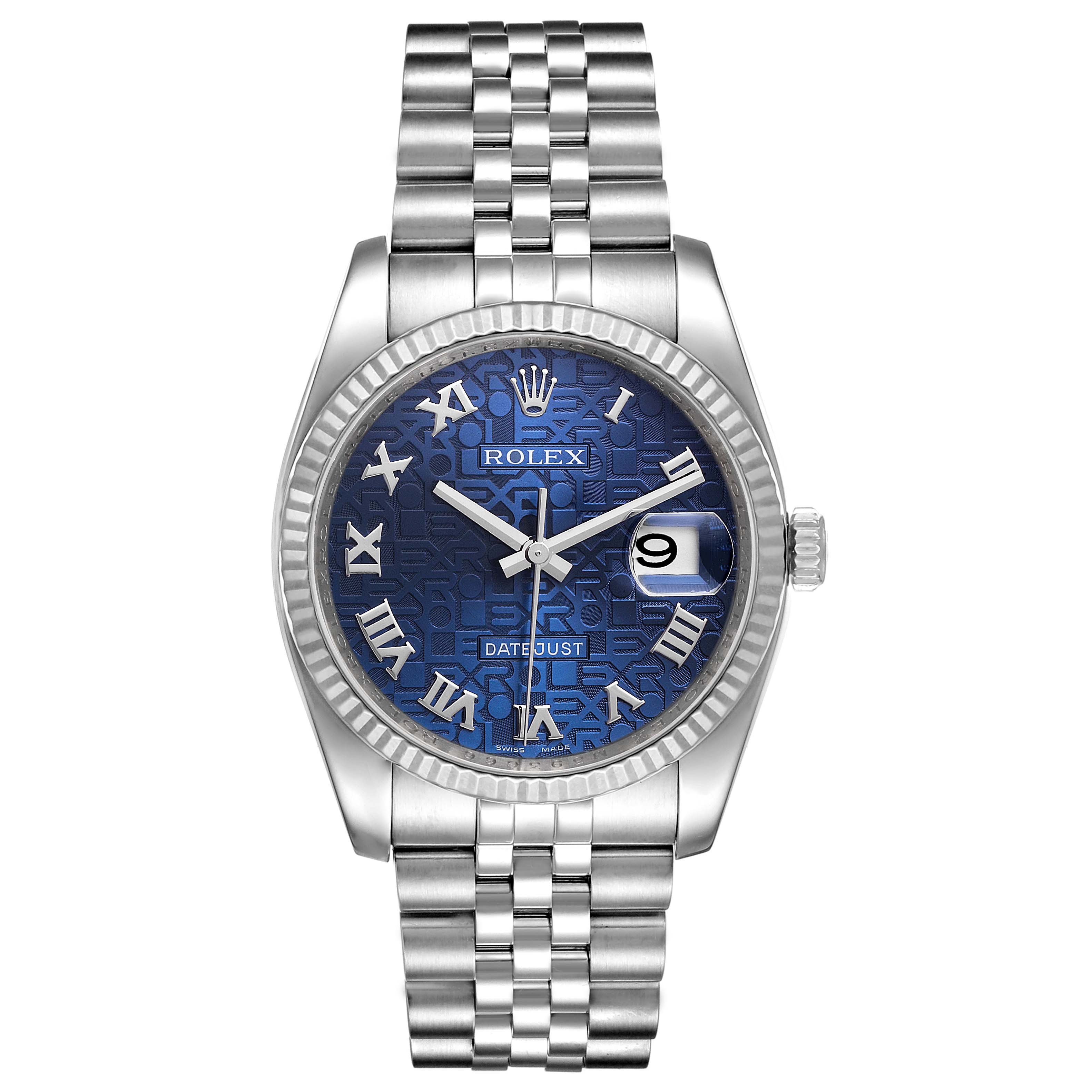 The Rolex Datejust 116234 Men's Stainless Steel Blue Dial 116234 Men's Stainless Steel Blue Dial watch is shown from the front, displaying the dial, bezel, and bracelet.
