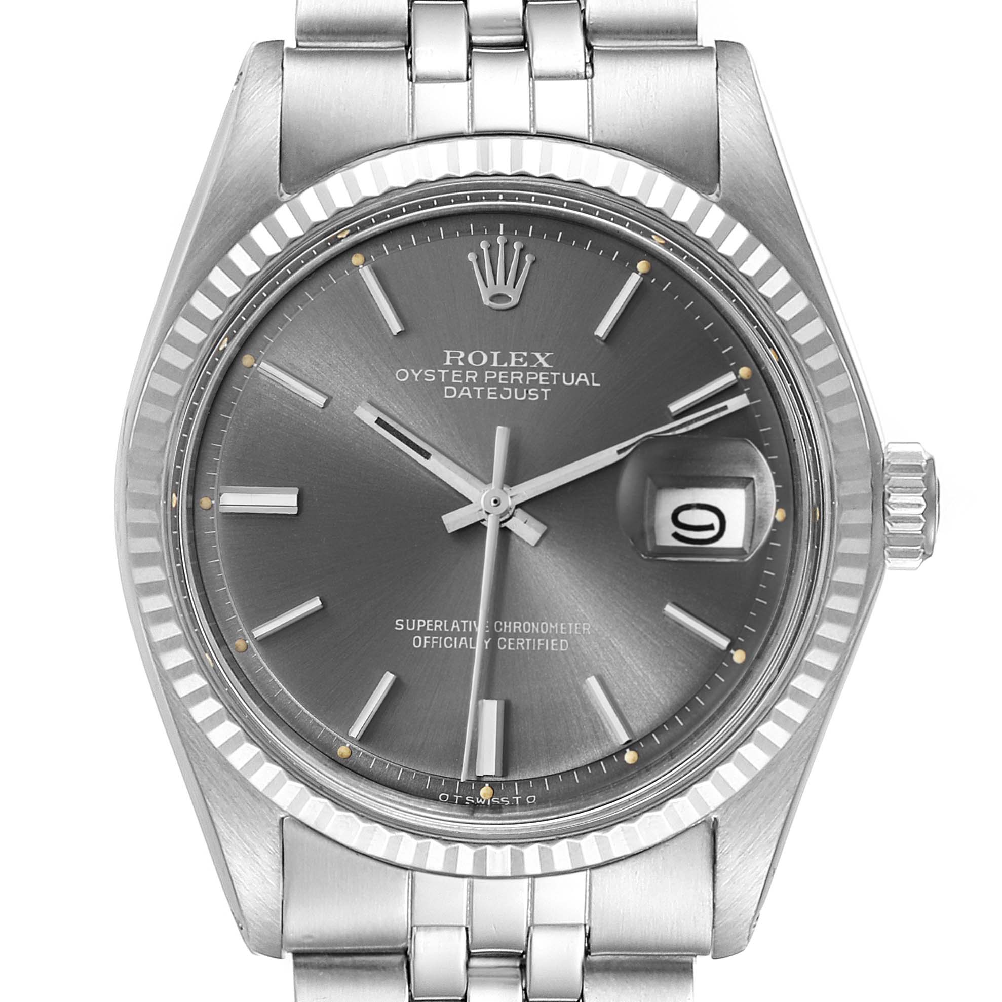 A front angle view of the Rolex Vintage Collection 1601 Men's Stainless Steel Grey Dial 1601 Men's Stainless Steel Grey Dial watch, displaying the face, hands, bracelet, and date window.