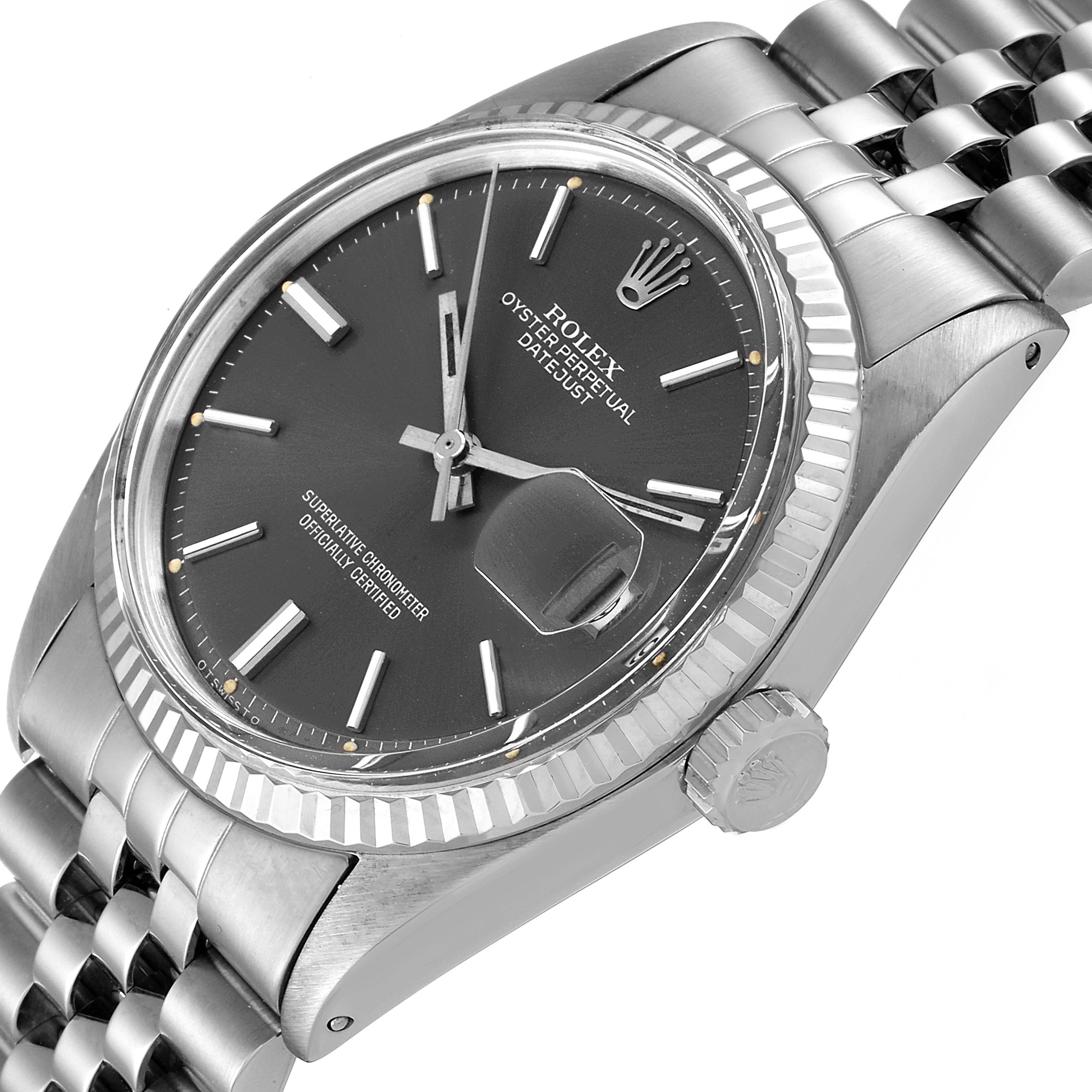 The image shows a close-up angled view of a Rolex Vintage Collection 1601 Men's Stainless Steel Grey Dial 1601 Men's Stainless Steel Grey Dial Oyster Perpetual Datejust watch, displaying the face, bezel, crown, and bracelet.