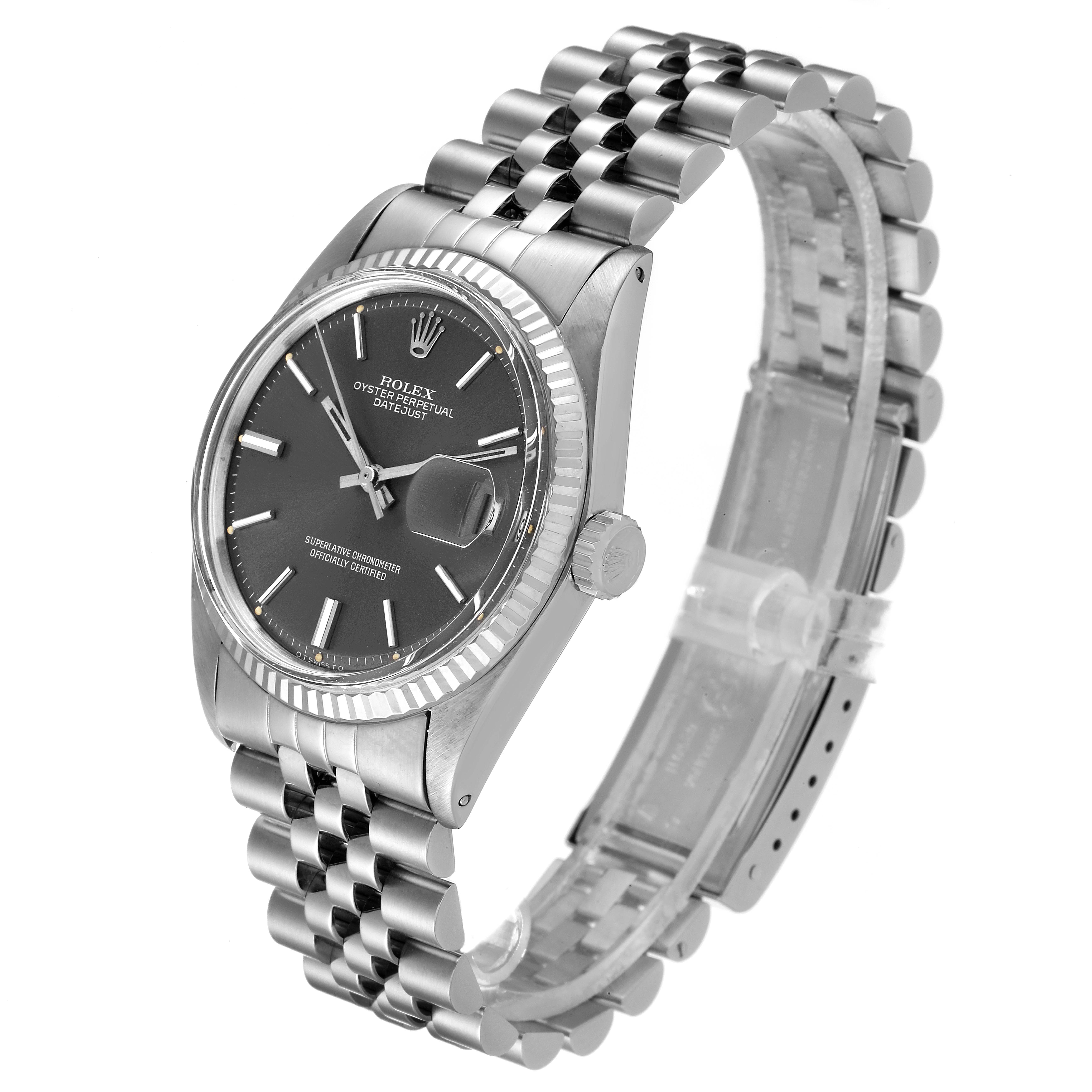 The Rolex Vintage Collection 1601 Men's Stainless Steel Grey Dial 1601 Men's Stainless Steel Grey Dial watch is shown at a three-quarter angle, displaying the face, crown, and bracelet.