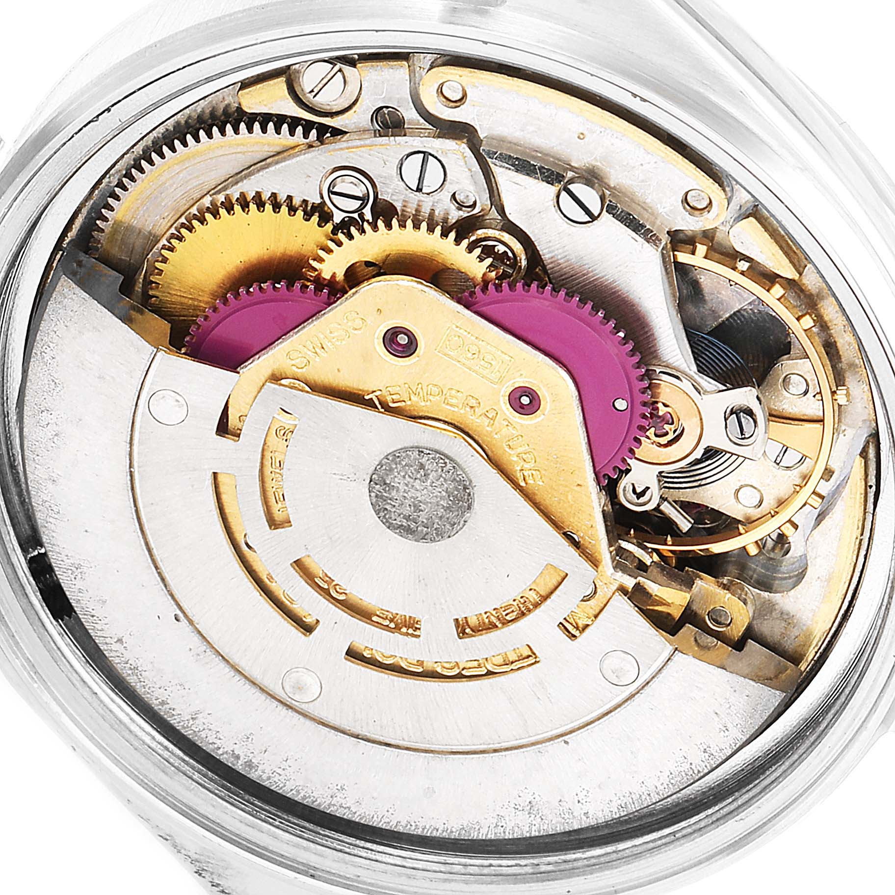 This image shows the internal mechanical movement of a Vintage Collection Rolex watch, viewed from the back.