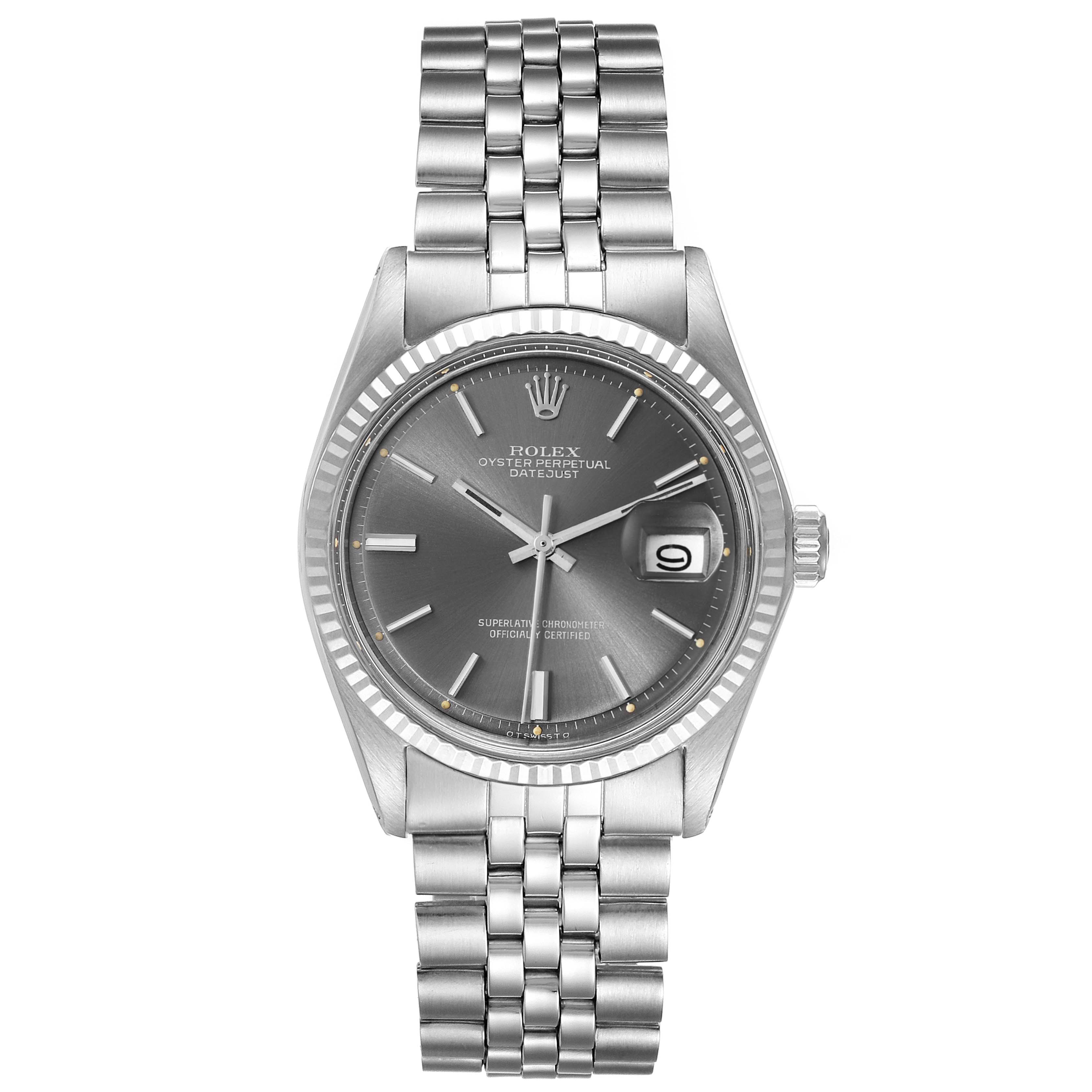 The image shows a front view of the Rolex Vintage Collection 1601 Men's Stainless Steel Grey Dial 1601 Men's Stainless Steel Grey Dial watch, displaying the dial, hands, bracelet, and date window.