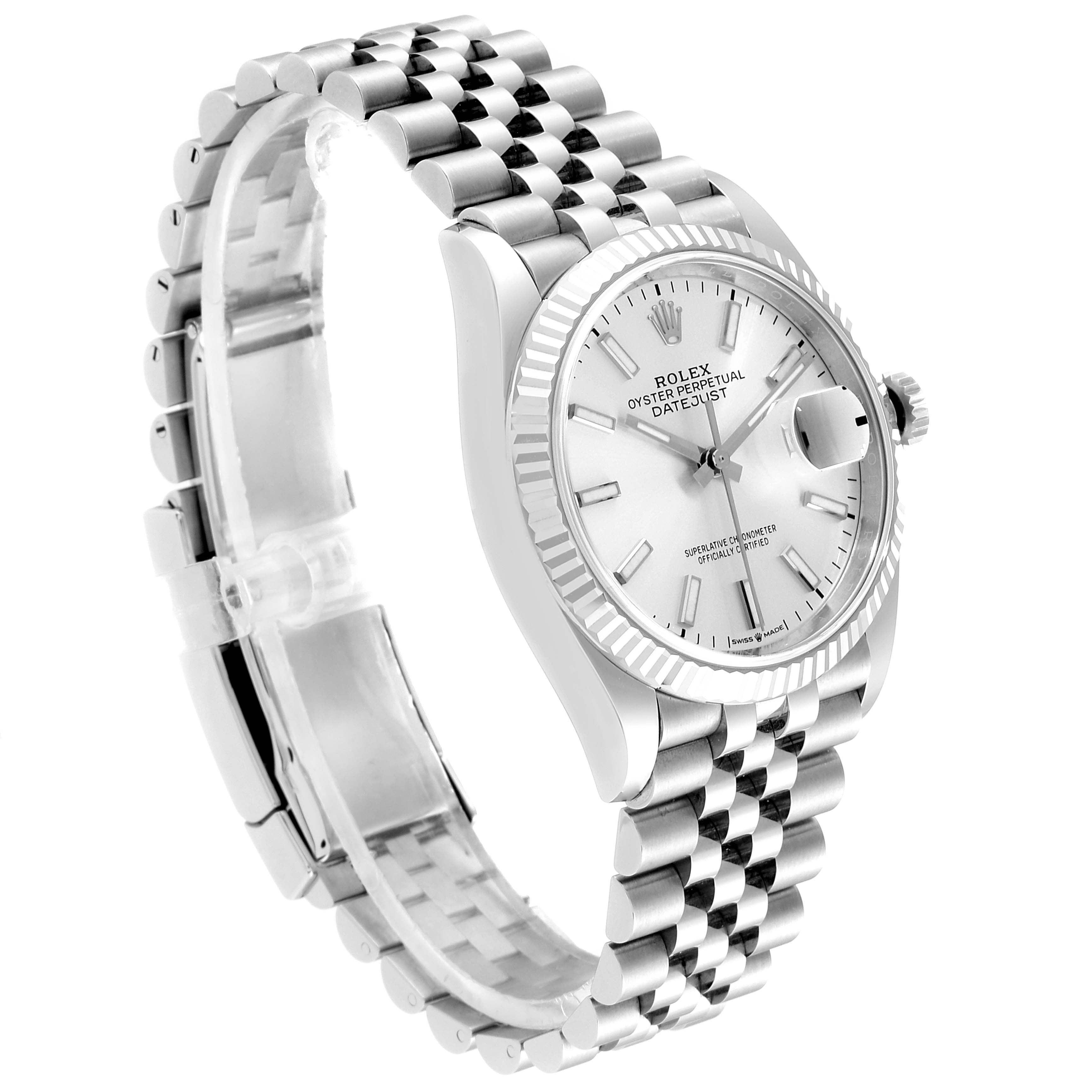 The Rolex Datejust 126234 Men's Stainless Steel Silver Dial 126234 Men's Stainless Steel Silver Dial watch is shown at a three-quarter angle displaying the face, bezel, and Jubilee bracelet.