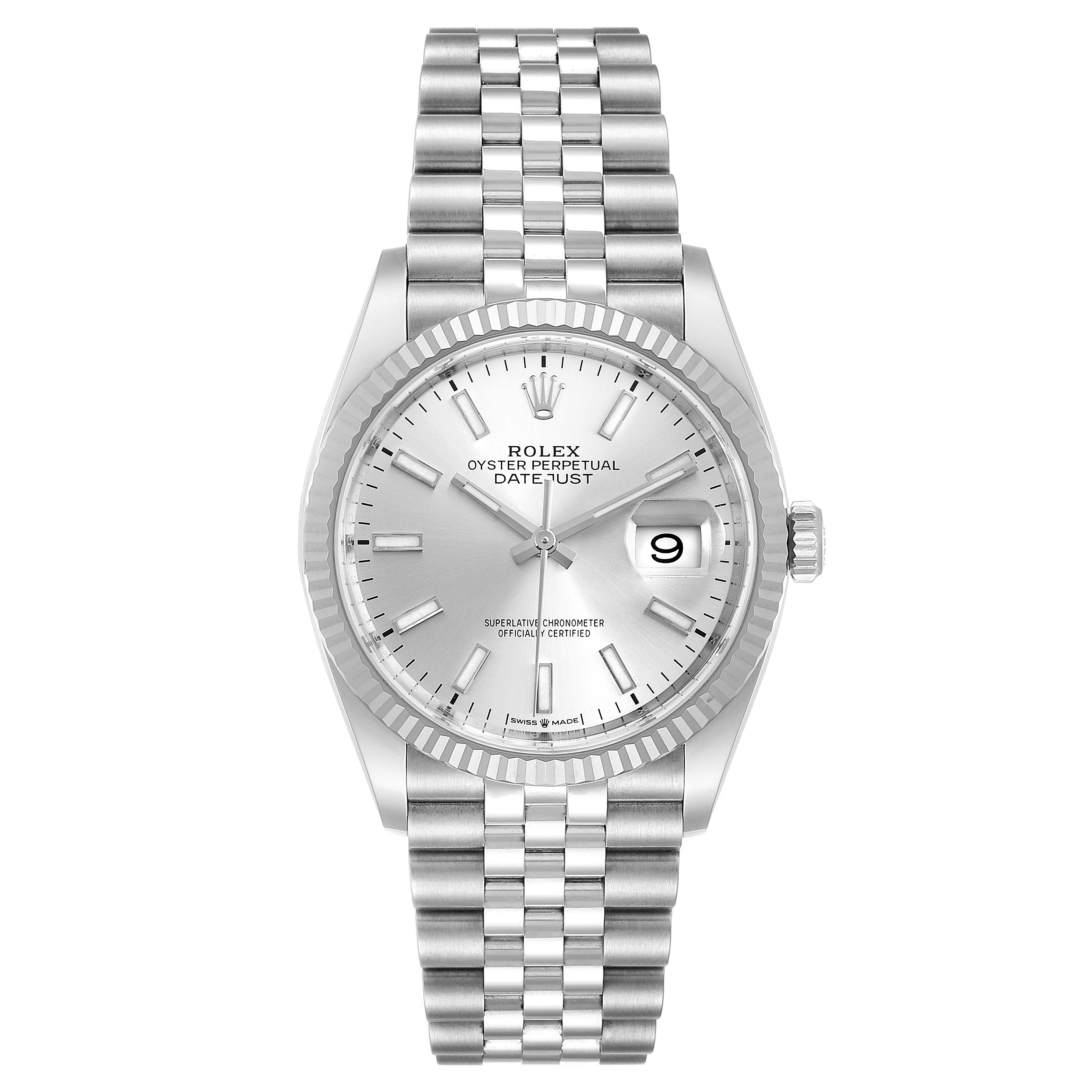 The image shows a front view of the Rolex Datejust 126234 Men's Stainless Steel Silver Dial 126234 Men's Stainless Steel Silver Dial watch, displaying the dial, hands, date, and bracelet.