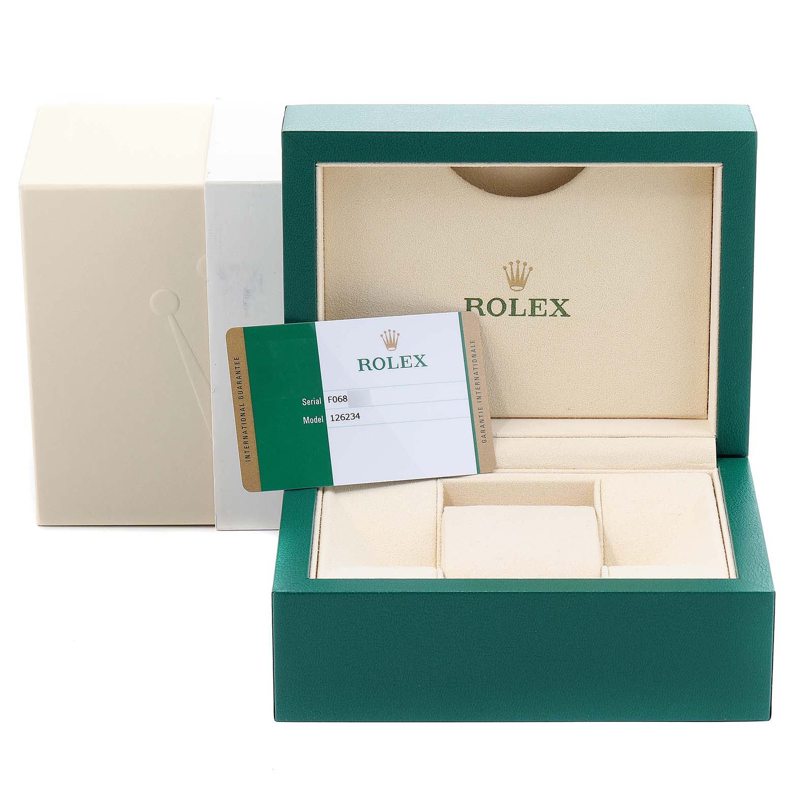 This image shows an empty Rolex Datejust 126234 Men's Stainless Steel Silver Dial 126234 Men's Stainless Steel Silver Dial watch box and warranty card, photographed from the front.