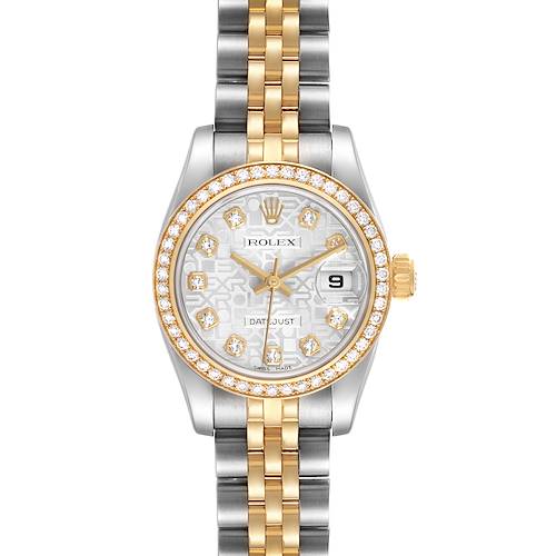 The Rolex Datejust 179383 Women's Steel and Gold (two tone) Silver Dial watch is shown from the front, displaying the face, bezel, and two-tone bracelet.