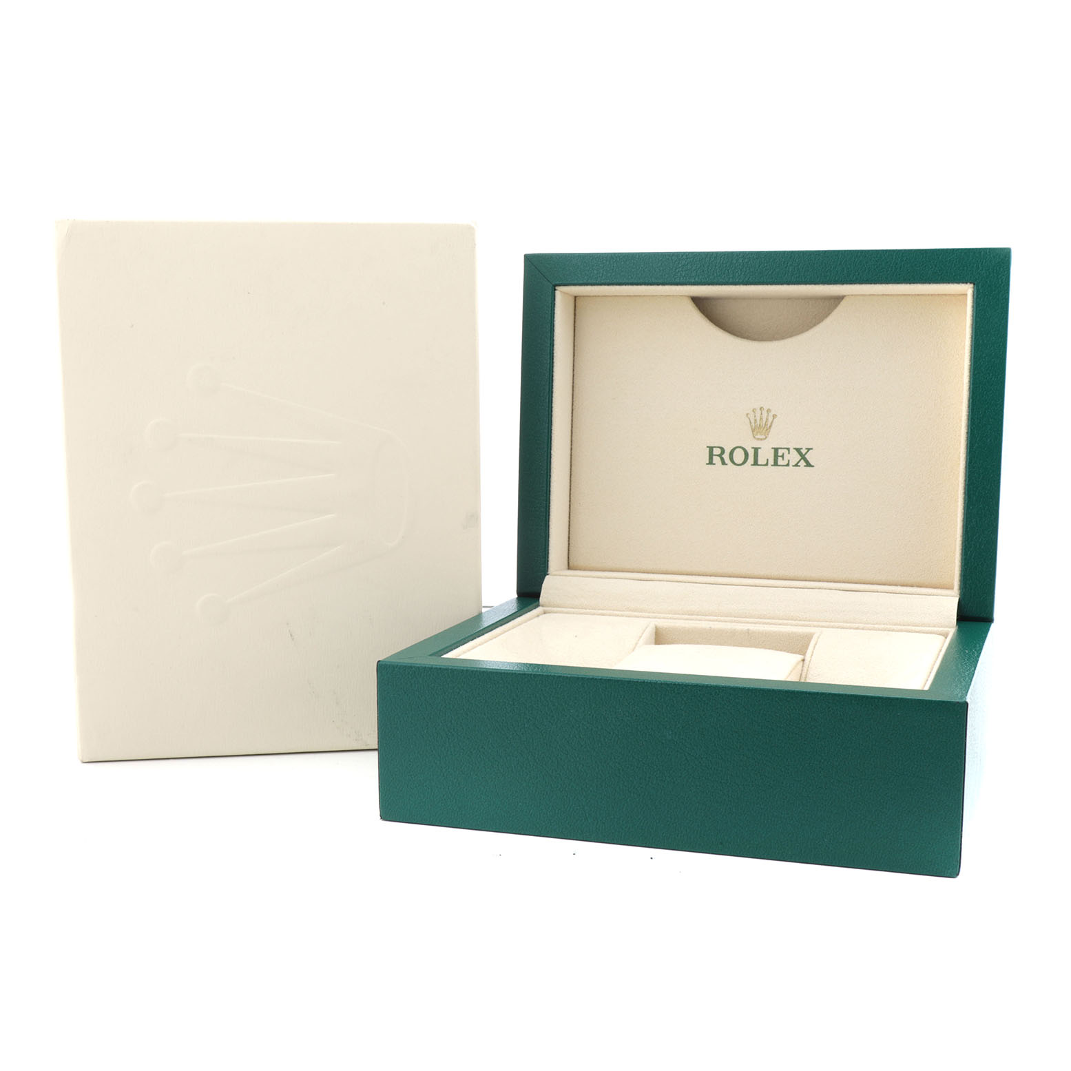 The image shows an open Rolex Datejust 179383 Women's Steel and Gold (two tone) Silver Dial watch box at an angle, displaying the interior compartments and lid.
