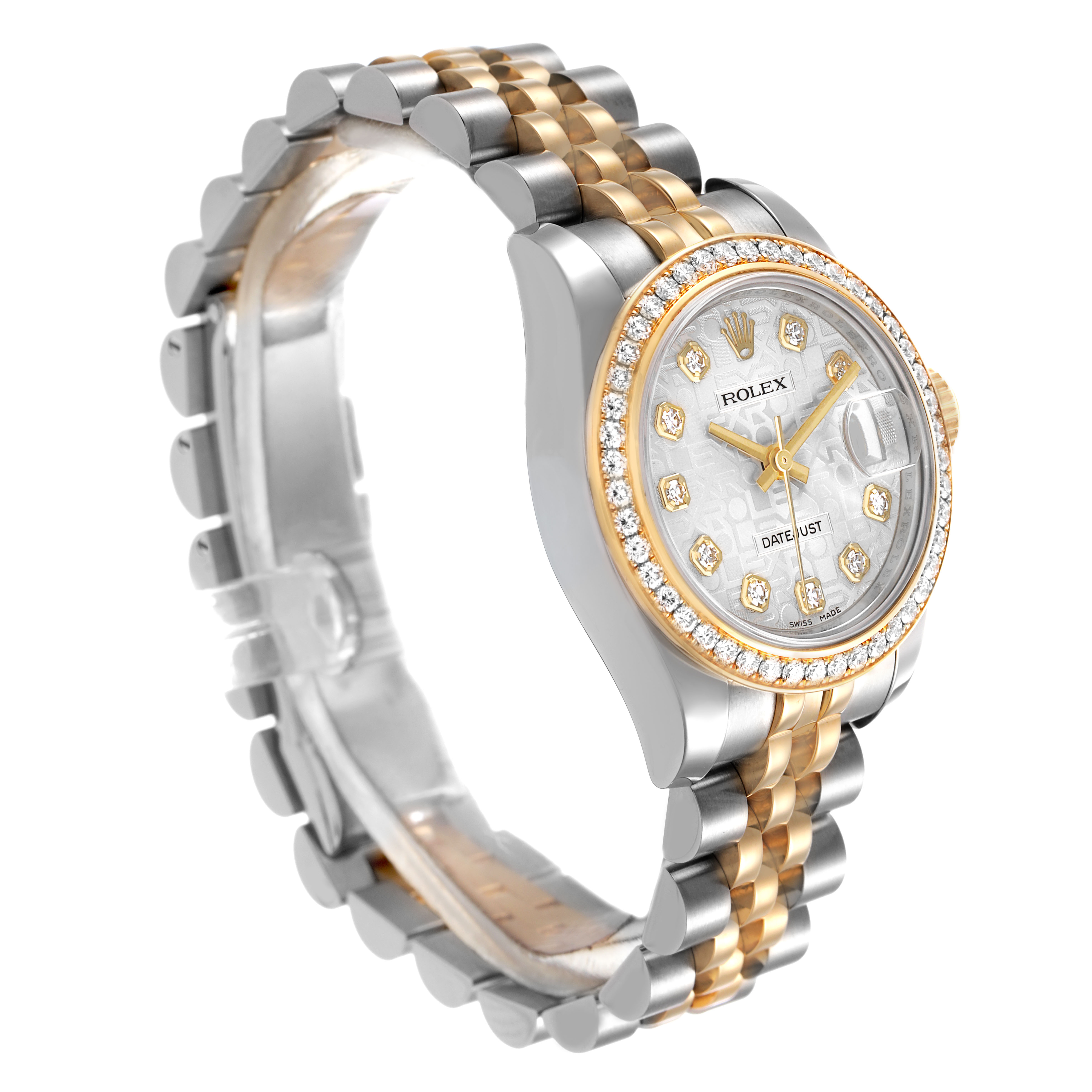The Rolex Datejust 179383 Women's Steel and Gold (two tone) Silver Dial watch is shown at a three-quarter angle, highlighting the dial, diamond bezel, and two-tone Jubilee bracelet.