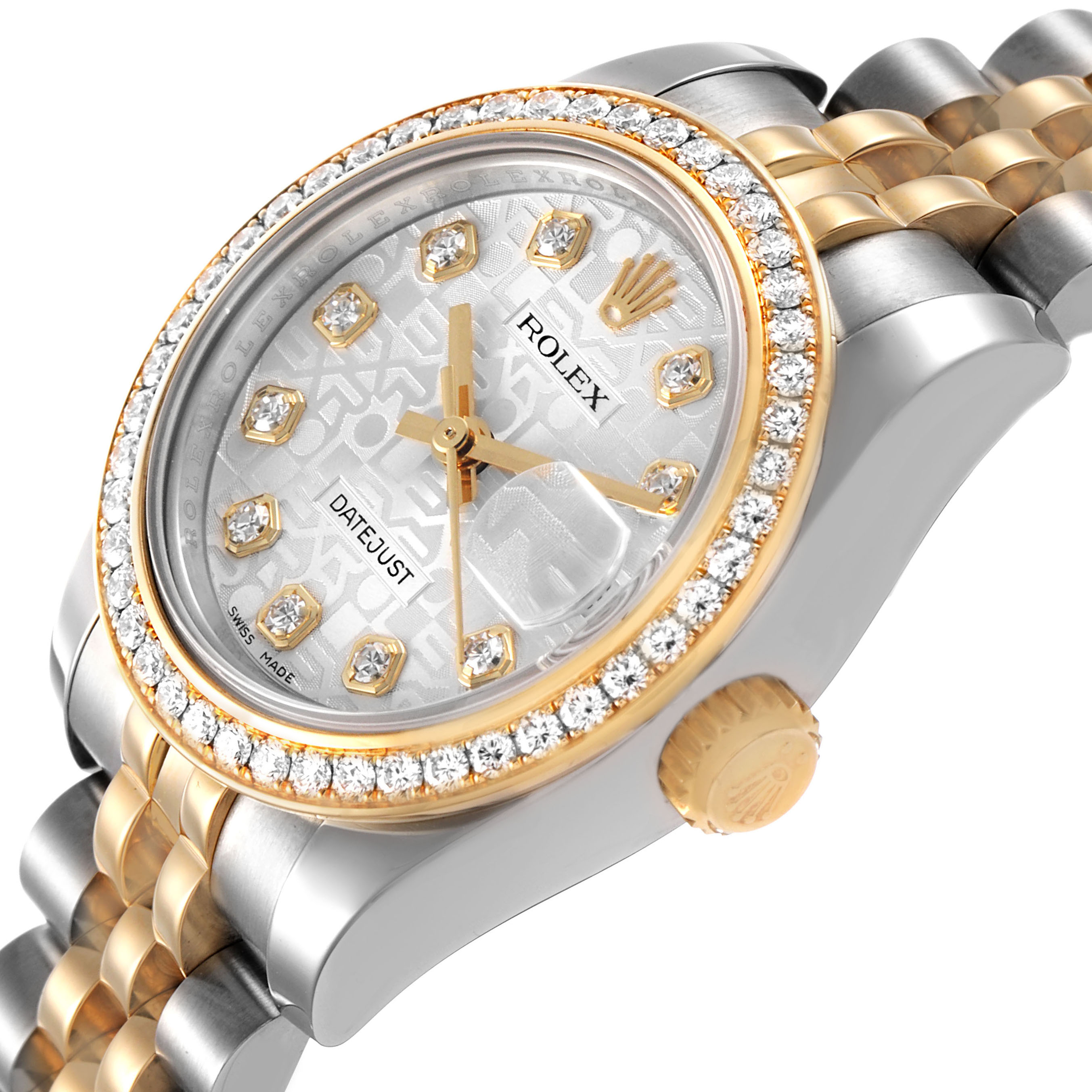 The Rolex Datejust 179383 Women's Steel and Gold (two tone) Silver Dial watch is shown at a side angle, highlighting the diamond bezel, crown, and two-tone bracelet.