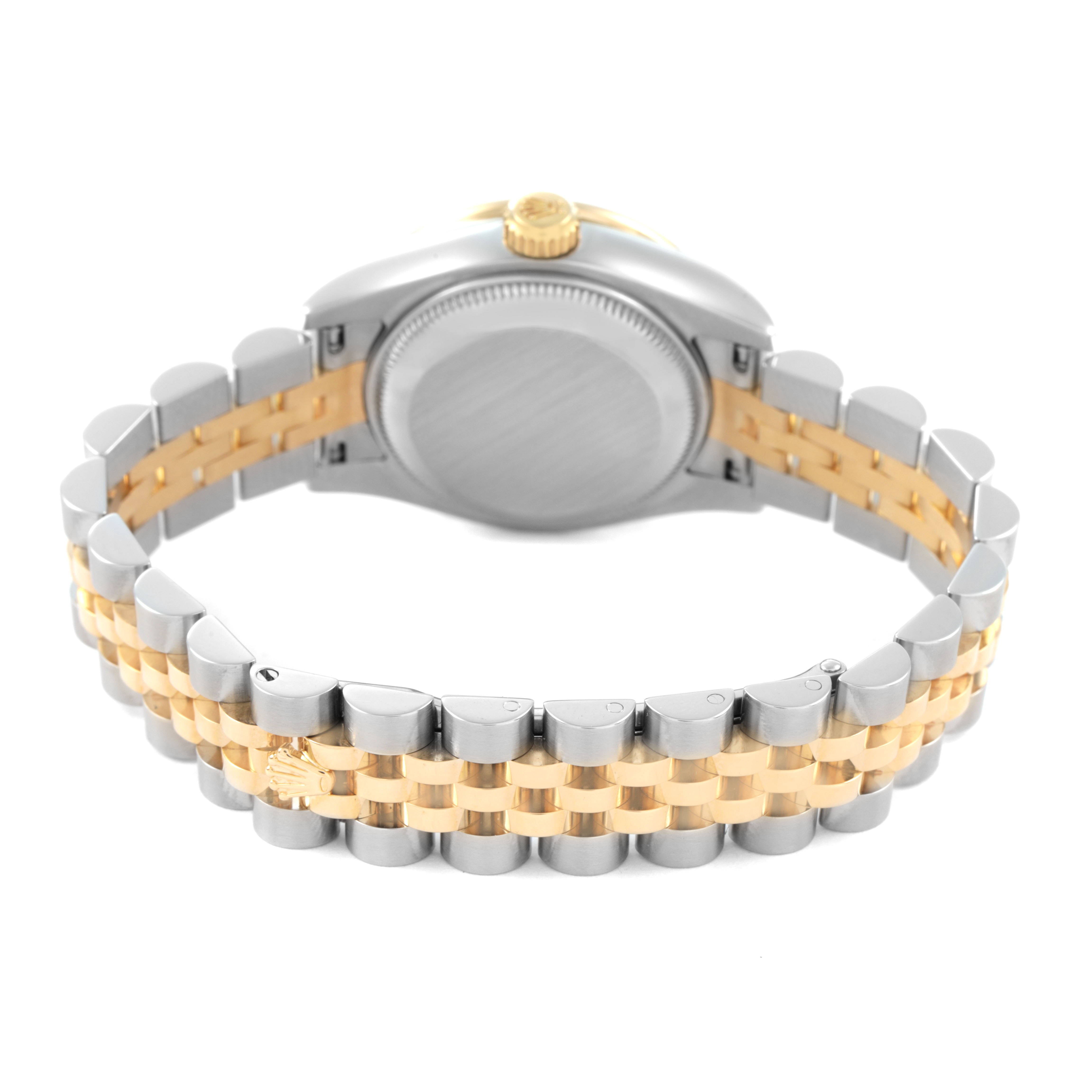 The Rolex Datejust 179383 Women's Steel and Gold (two tone) Silver Dial is shown from the back, highlighting the case back and bi-metal Jubilee bracelet.