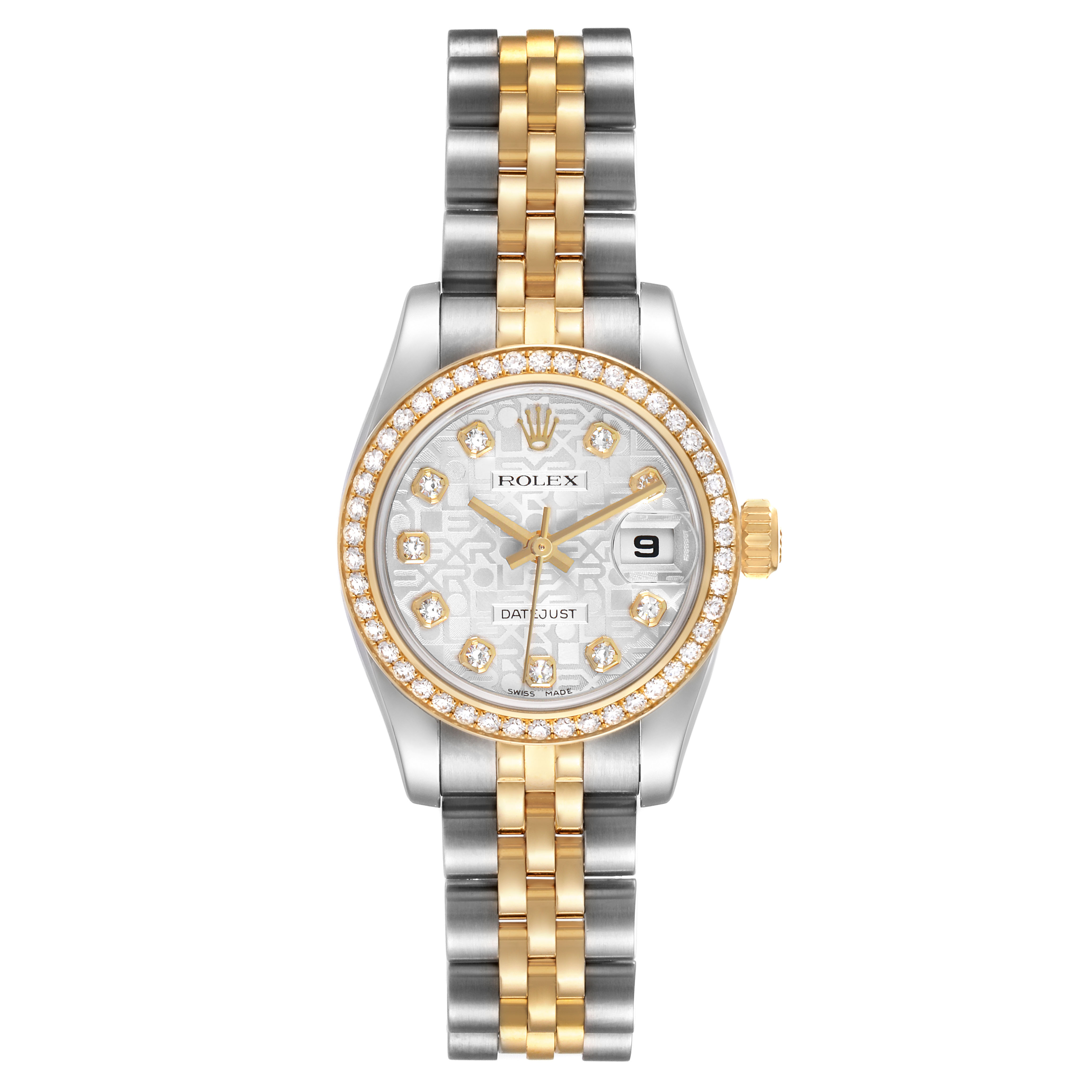 The Rolex Datejust 179383 Women's Steel and Gold (two tone) Silver Dial is shown from a top view featuring the bezel, dial with diamond markers, and two-tone bracelet.