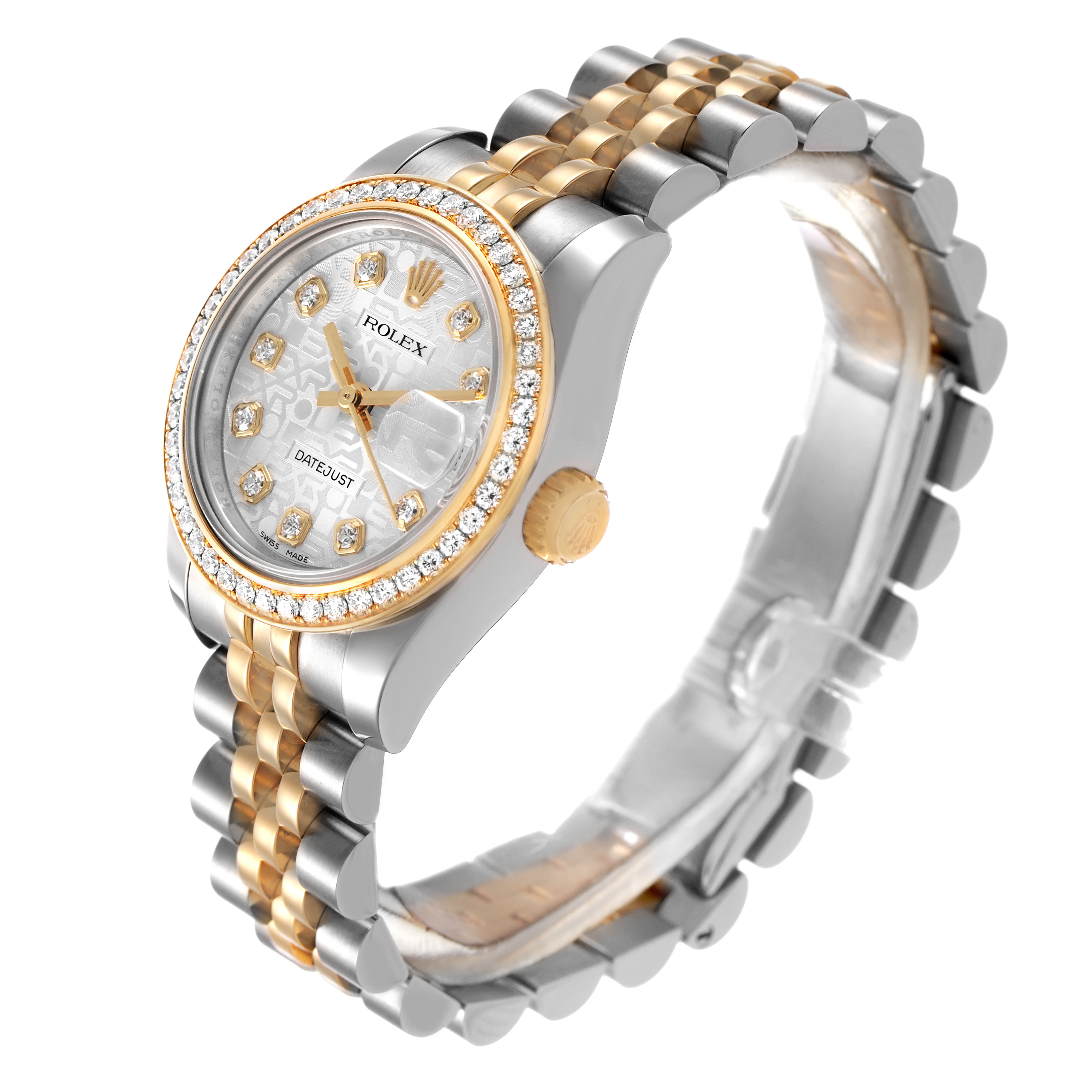 The Rolex Datejust 179383 Women's Steel and Gold (two tone) Silver Dial watch is shown at an angled side view, featuring its bezel, dial, crown, and bracelet.