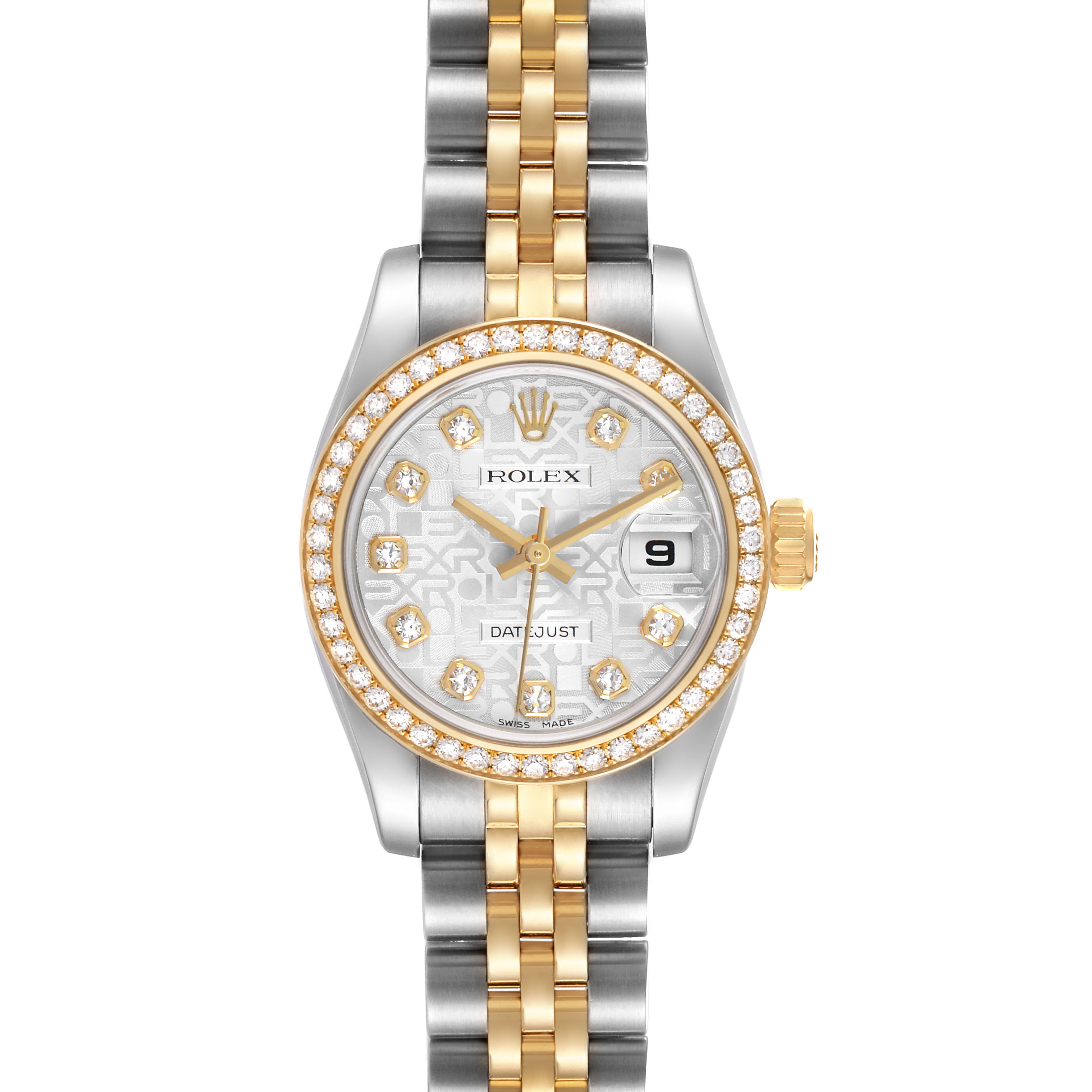 The Rolex Datejust 179383 Women's Steel and Gold (two tone) Silver Dial watch is shown from the front, highlighting its two-tone bracelet, diamond bezel, and patterned dial.