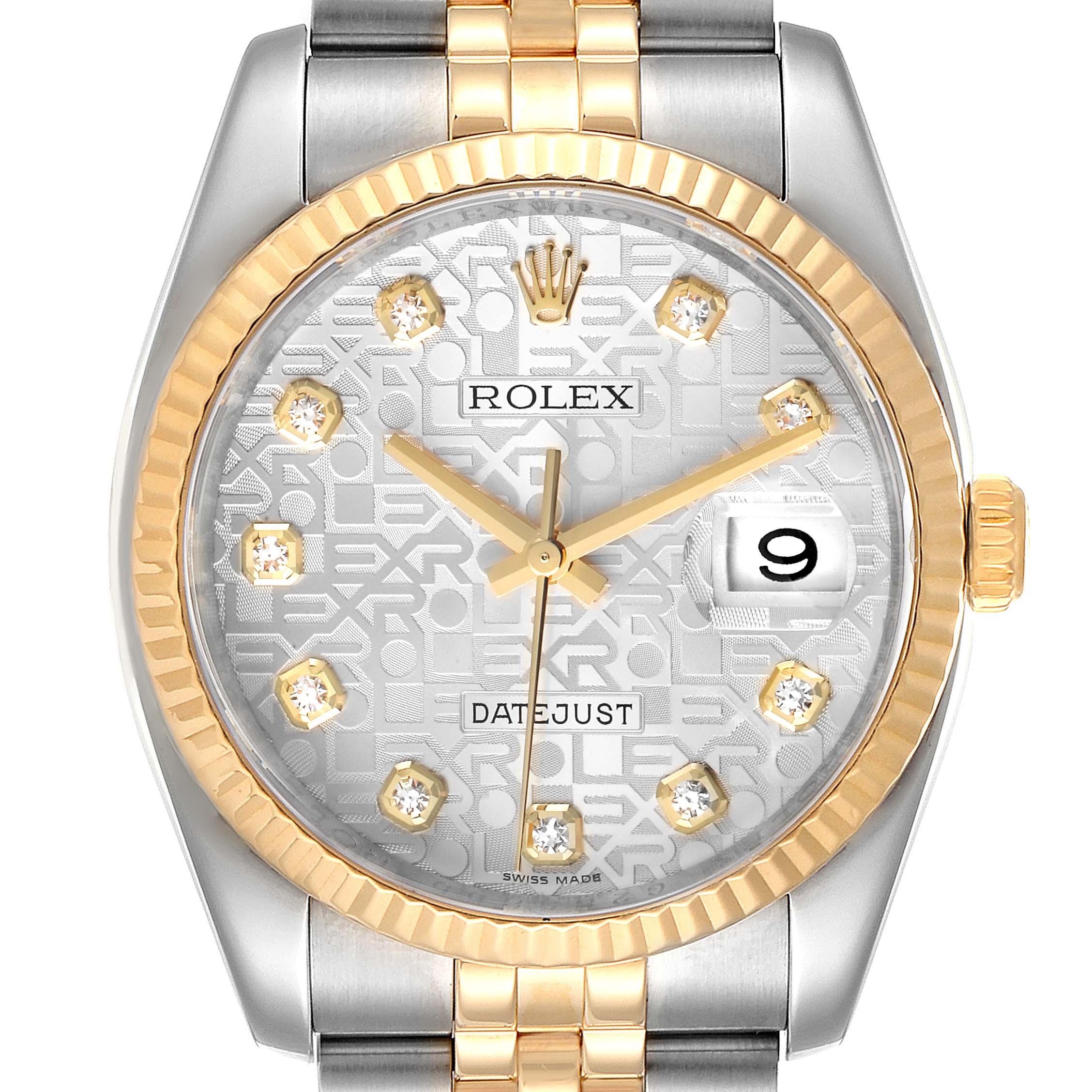 This image shows a close-up, front view of a Rolex Datejust 116233 Men's Steel and Gold (two tone) Silver Dial 116233 Men's Steel and Gold (two tone) Silver Dial watch, highlighting the dial and bracelet.