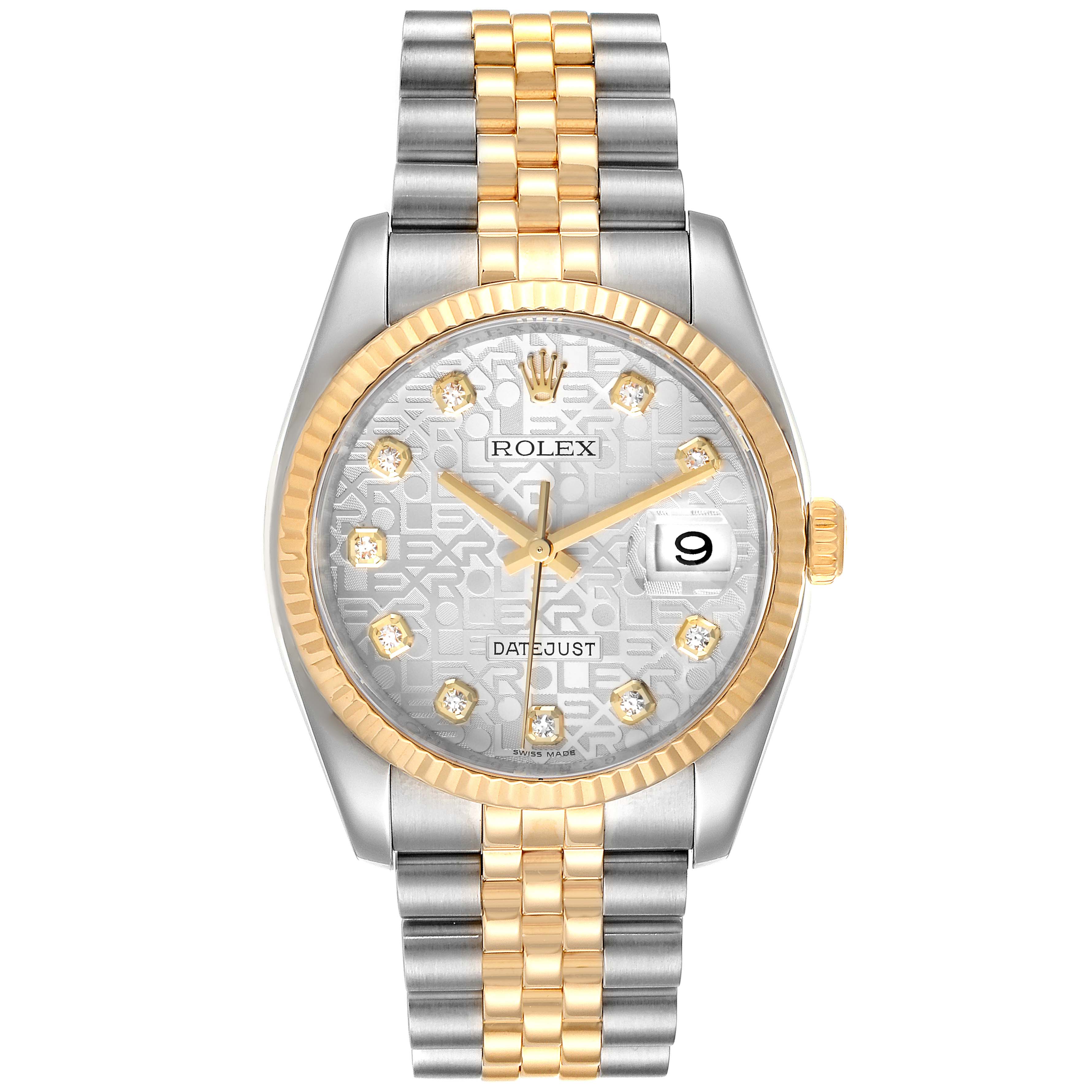 The watch is a Rolex Datejust 116233 Men's Steel and Gold (two tone) Silver Dial 116233 Men's Steel and Gold (two tone) Silver Dial model shown from a frontal angle, highlighting its dial, bezel, and bracelet.