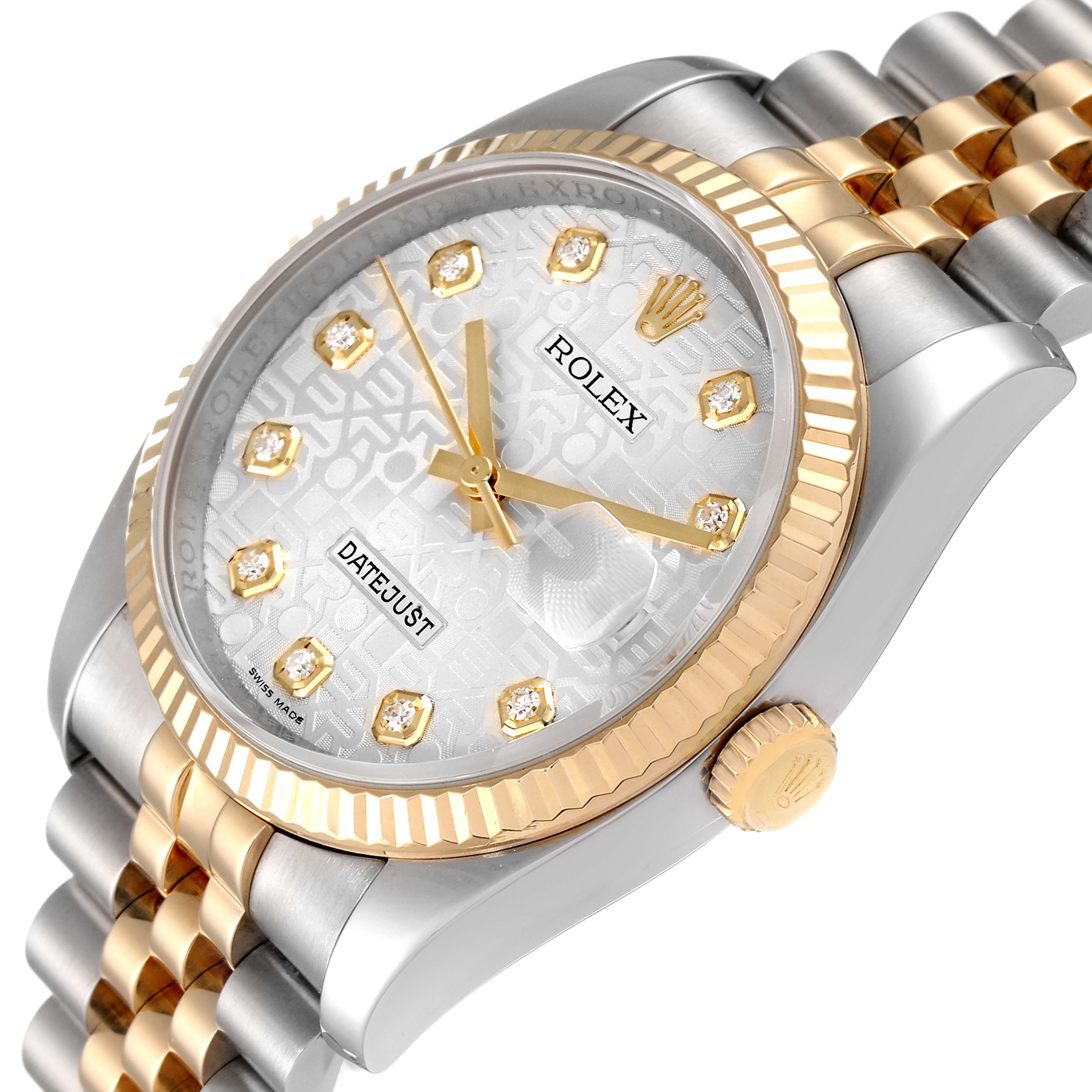 The Rolex Datejust 116233 Men's Steel and Gold (two tone) Silver Dial 116233 Men's Steel and Gold (two tone) Silver Dial watch is shown at a slight angle, highlighting the dial, bezel, crown, and part of its two-tone bracelet.