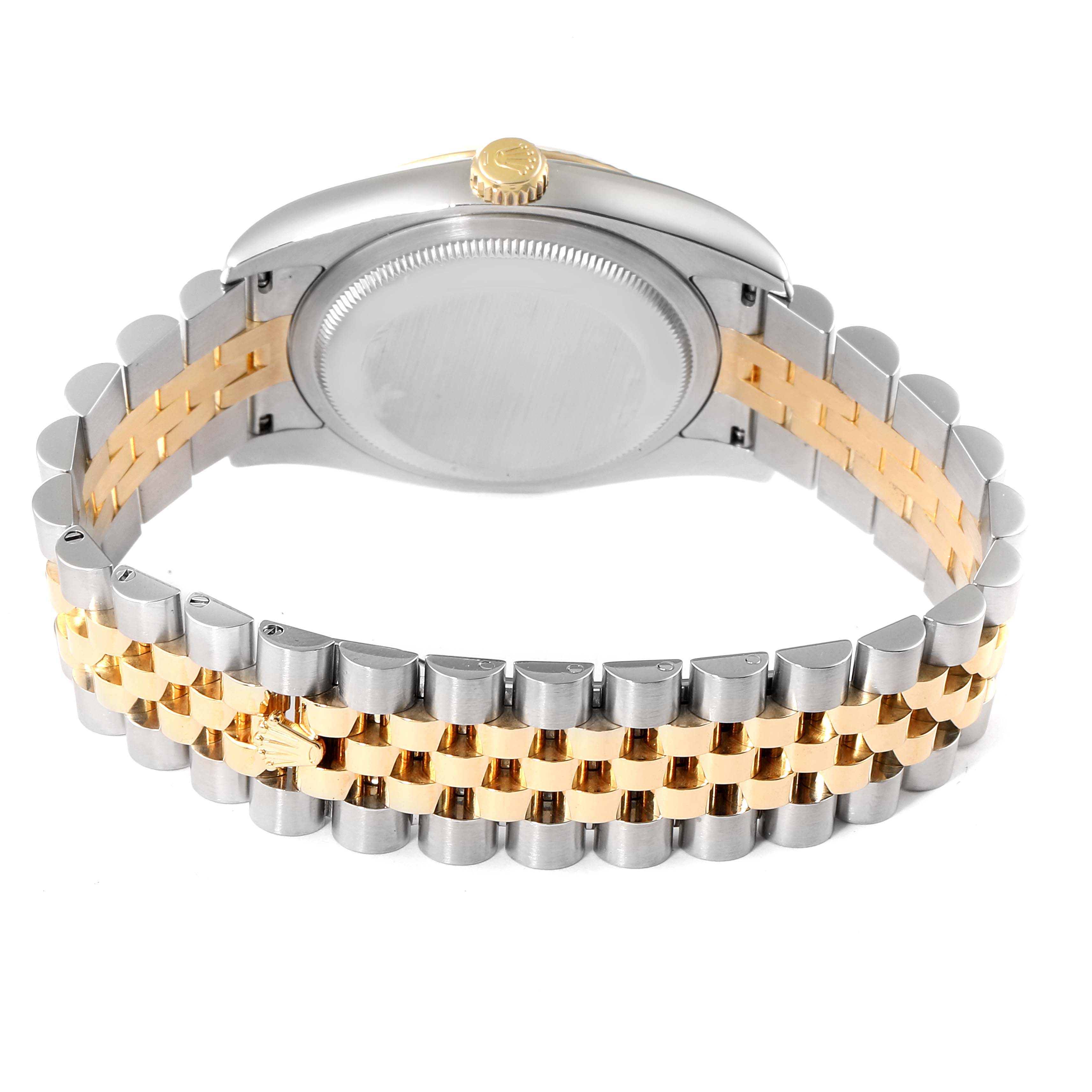 The image shows the back and bracelet of a Rolex Datejust 116233 Men's Steel and Gold (two tone) Silver Dial 116233 Men's Steel and Gold (two tone) Silver Dial, highlighting its two-tone metal design.
