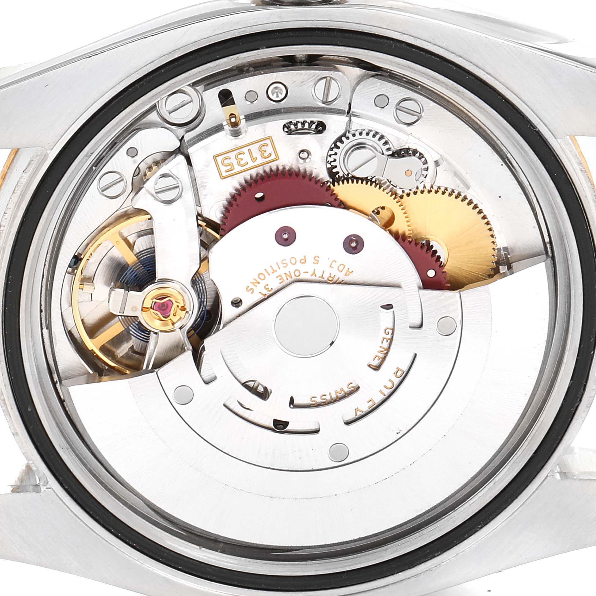This image shows the internal mechanics of a Rolex Datejust 116233 Men's Steel and Gold (two tone) Silver Dial 116233 Men's Steel and Gold (two tone) Silver Dial watch from the back, highlighting gears and the rotor.