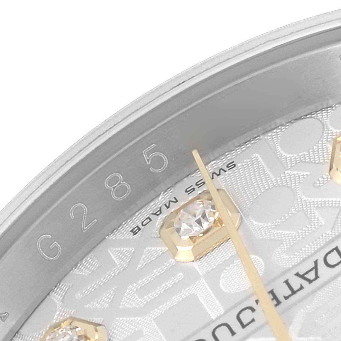 The image shows a close-up of the dial, hands, and diamond markers of the Rolex Datejust 116233 Men's Steel and Gold (two tone) Silver Dial 116233 Men's Steel and Gold (two tone) Silver Dial watch model.