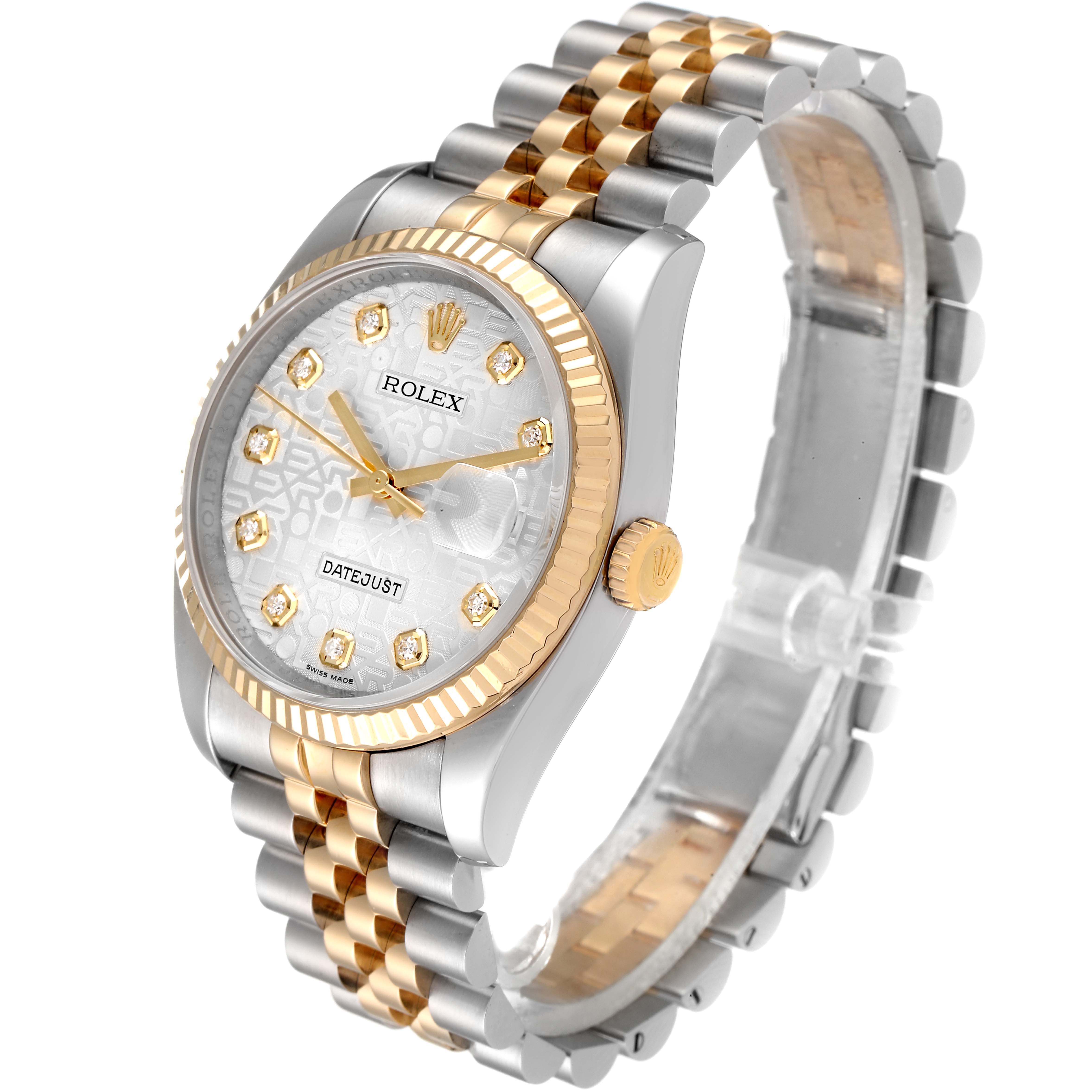 This image shows a Rolex Datejust 116233 Men's Steel and Gold (two tone) Silver Dial 116233 Men's Steel and Gold (two tone) Silver Dial watch at a three-quarter angle, highlighting the dial, bezel, and Jubilee bracelet.
