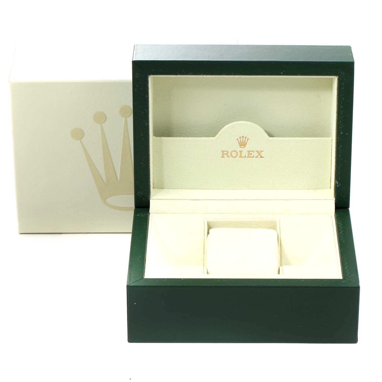 The image shows an open Rolex Datejust 116233 Men's Steel and Gold (two tone) Silver Dial 116233 Men's Steel and Gold (two tone) Silver Dial watch box, revealing a cushioned interior and the Rolex logo inside.