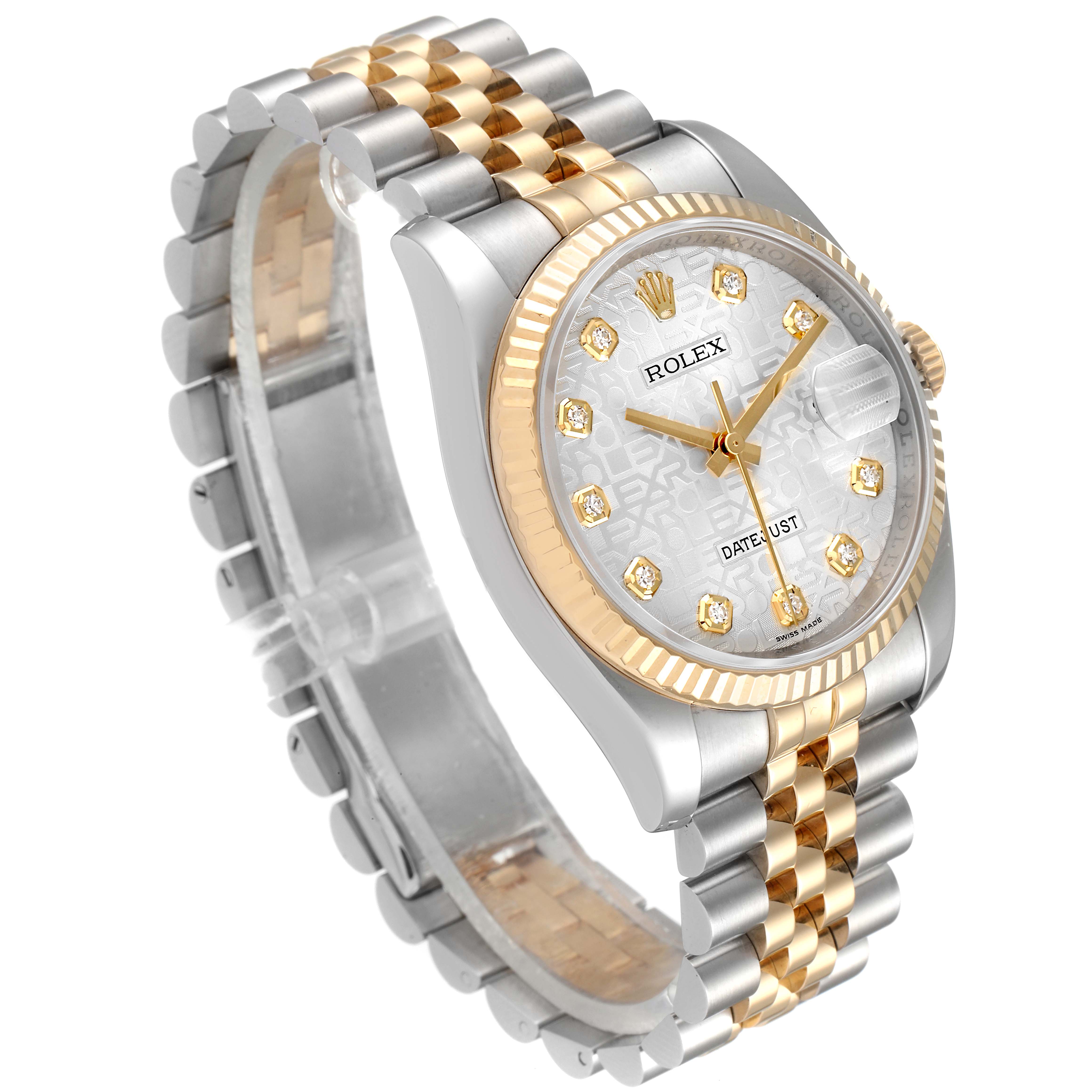 The image shows a Rolex Datejust 116233 Men's Steel and Gold (two tone) Silver Dial 116233 Men's Steel and Gold (two tone) Silver Dial watch at an angle displaying its face, bezel, crown, and two-tone bracelet.