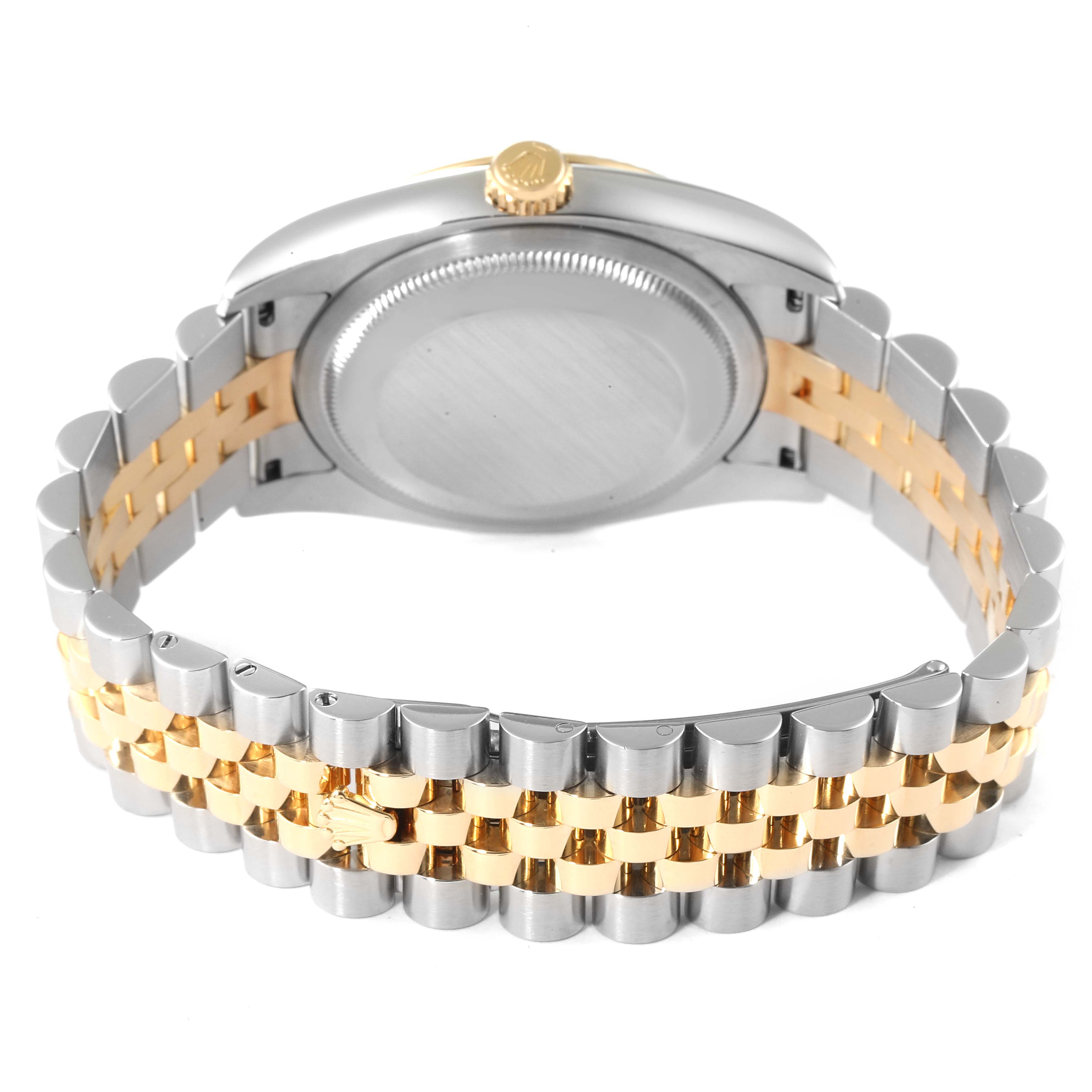 This image shows the back case and gold and silver bracelet of a Rolex Datejust 116233 Men's Steel and Gold (two tone) Silver Dial 116233 Men's Steel and Gold (two tone) Silver Dial watch.