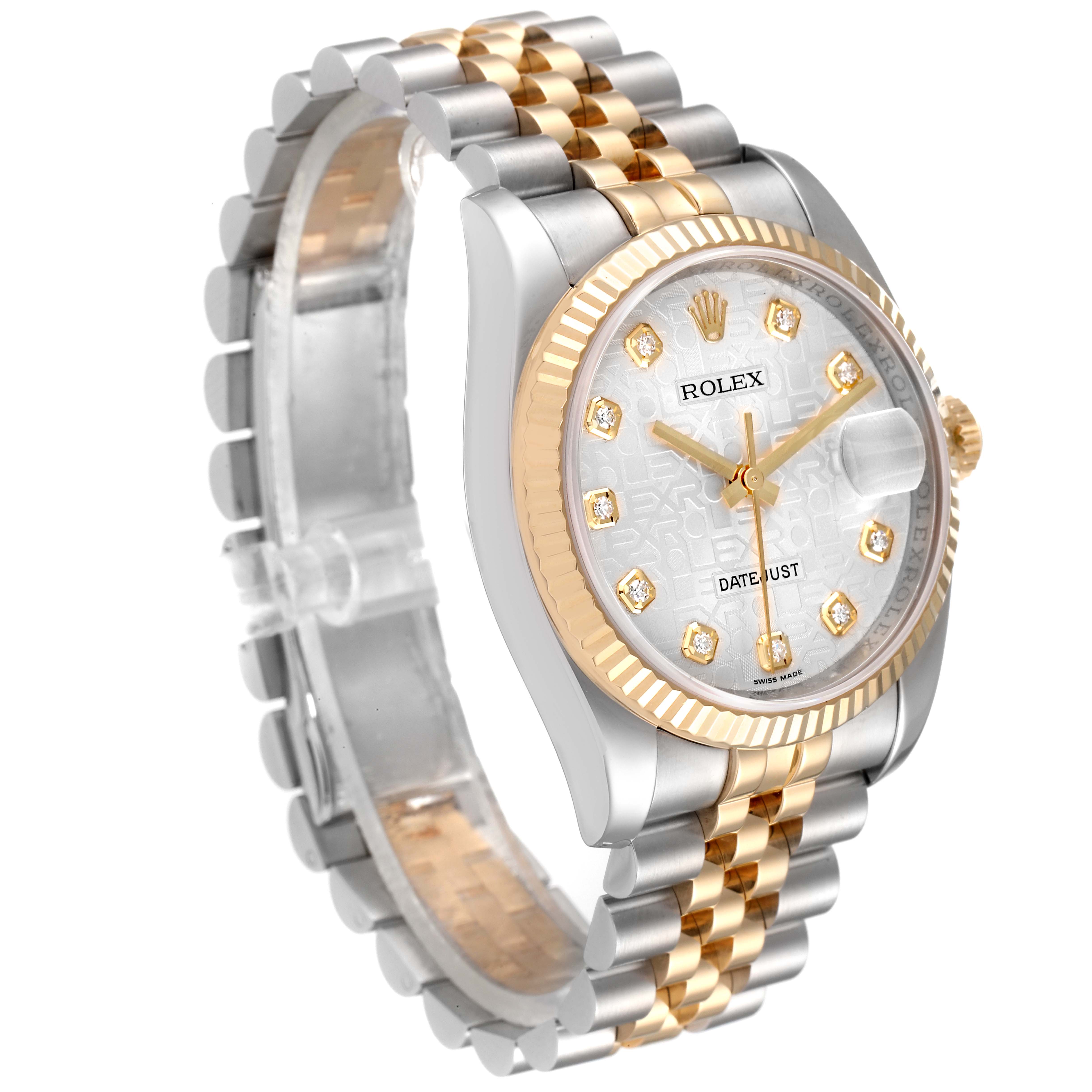 This image shows a Rolex Datejust 116233 Men's Steel and Gold (two tone) Silver Dial 116233 Men's Steel and Gold (two tone) Silver Dial watch at a 3/4 angle, highlighting the dial, bezel, and bracelet.