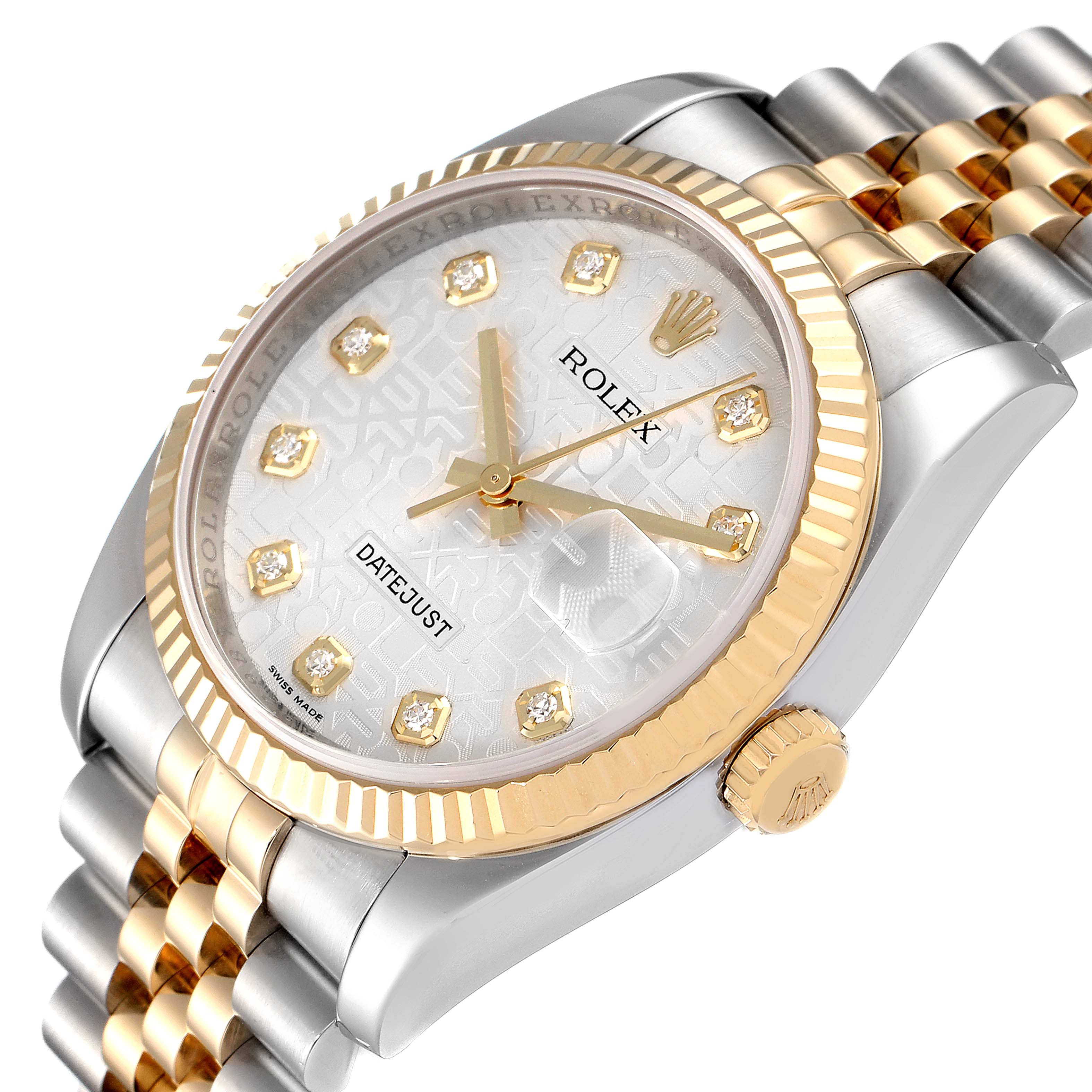 The image shows a Rolex Datejust 116233 Men's Steel and Gold (two tone) Silver Dial 116233 Men's Steel and Gold (two tone) Silver Dial watch at a tilted angle, displaying the dial, diamond hour markers, crown, and parts of the bracelet.
