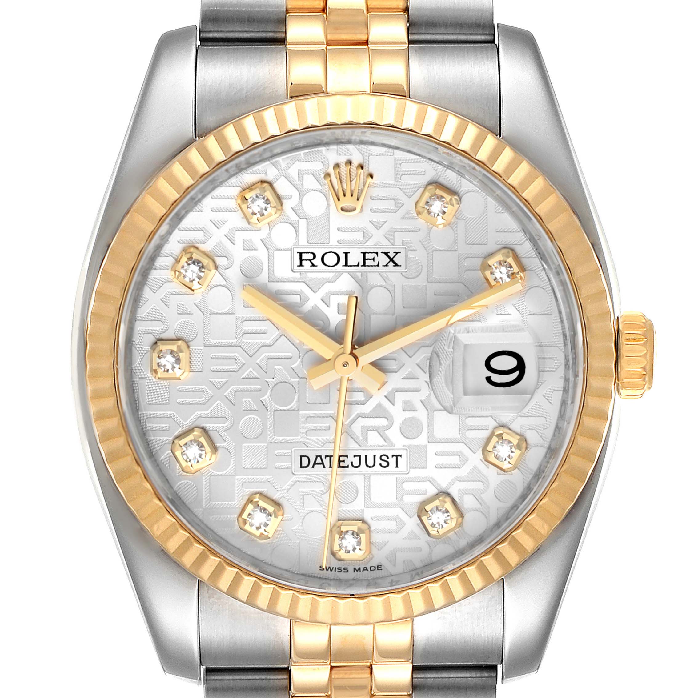 The image shows a Rolex Datejust 116233 Men's Steel and Gold (two tone) Silver Dial 116233 Men's Steel and Gold (two tone) Silver Dial watch from the front, highlighting its gold bezel, dial, and two-tone bracelet.