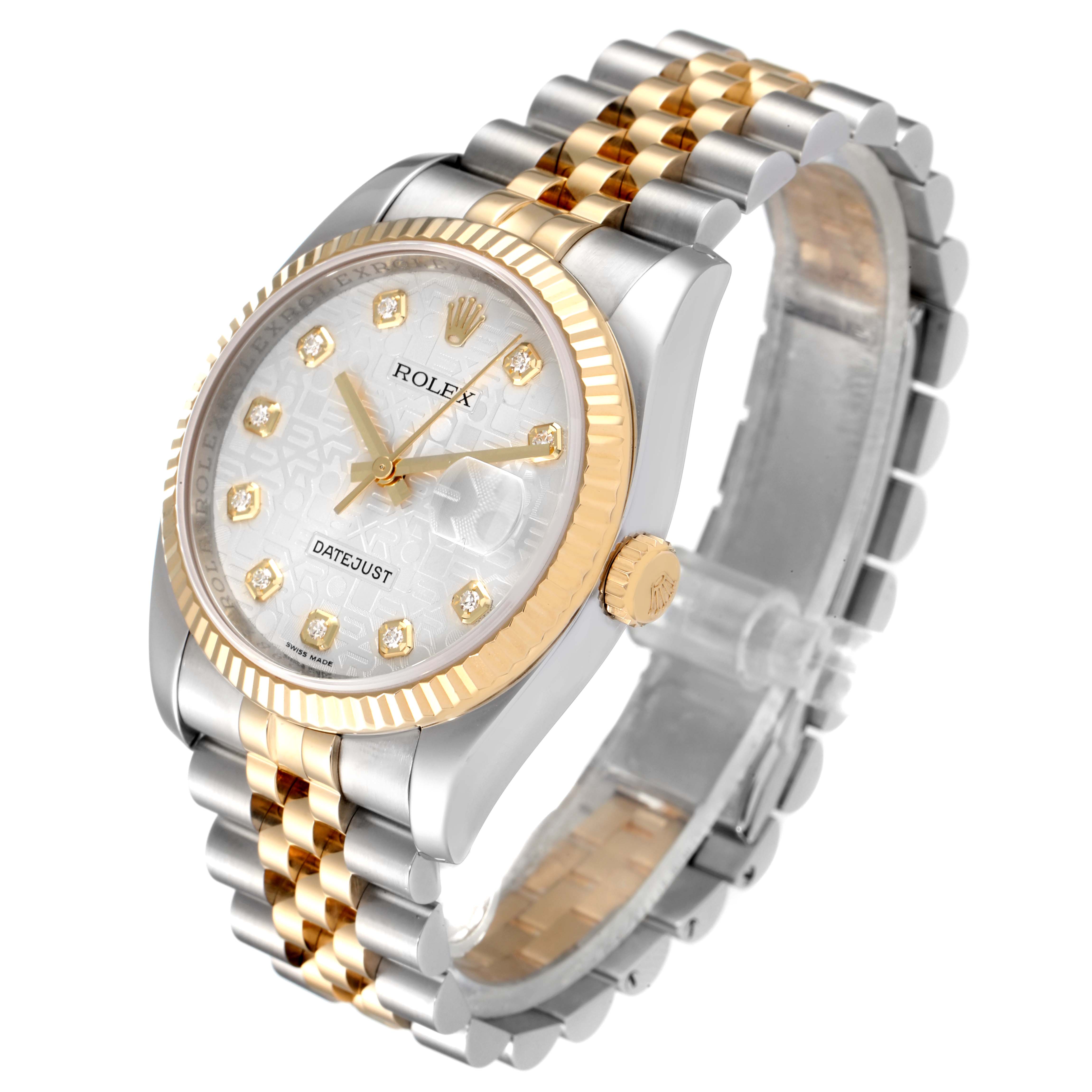 This image shows a Rolex Datejust 116233 Men's Steel and Gold (two tone) Silver Dial 116233 Men's Steel and Gold (two tone) Silver Dial watch from an angle highlighting its face, bezel, and two-tone bracelet.