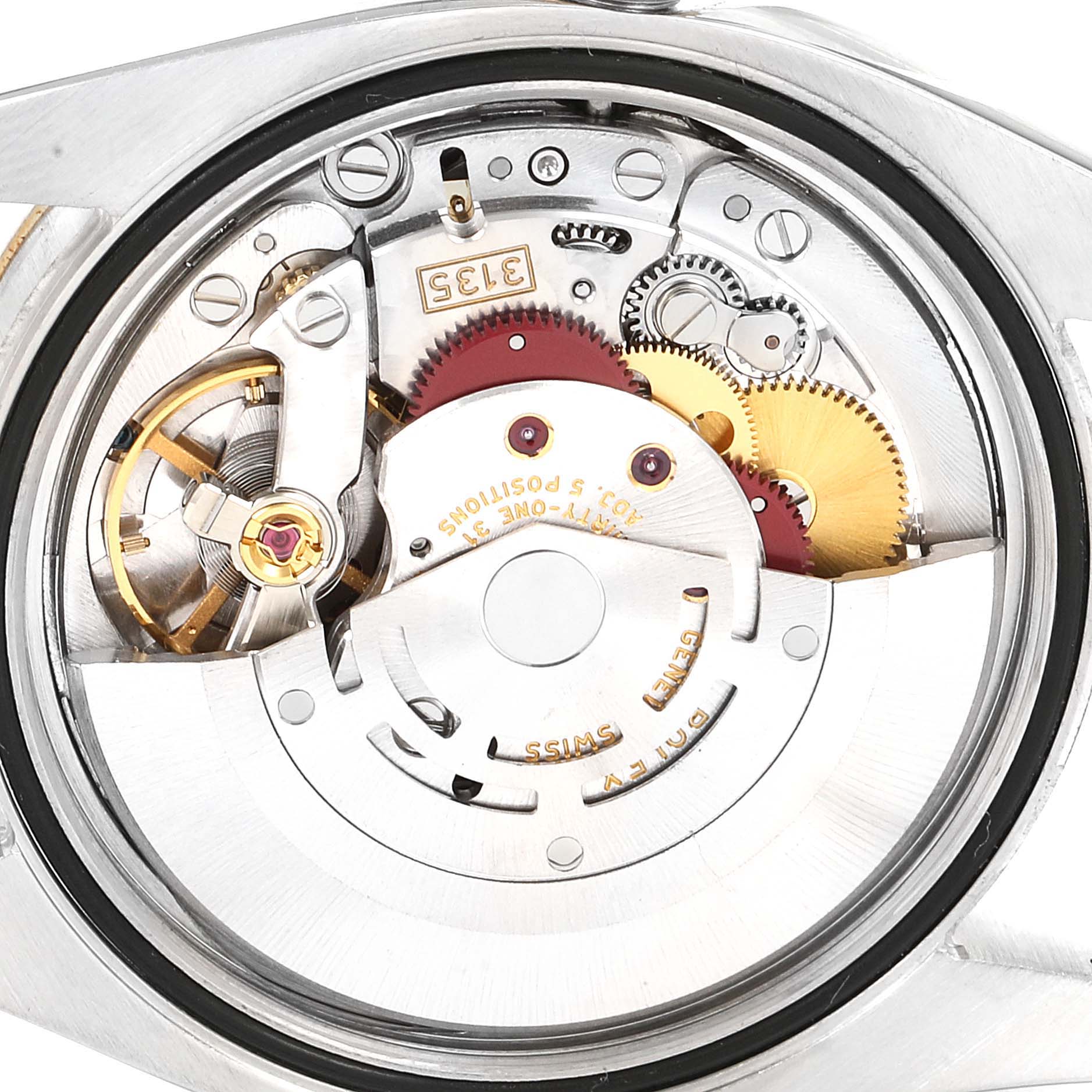 The image shows the movement and internal mechanics of a Rolex Datejust 116233 Men's Steel and Gold (two tone) Silver Dial 116233 Men's Steel and Gold (two tone) Silver Dial watch from a back case angle.