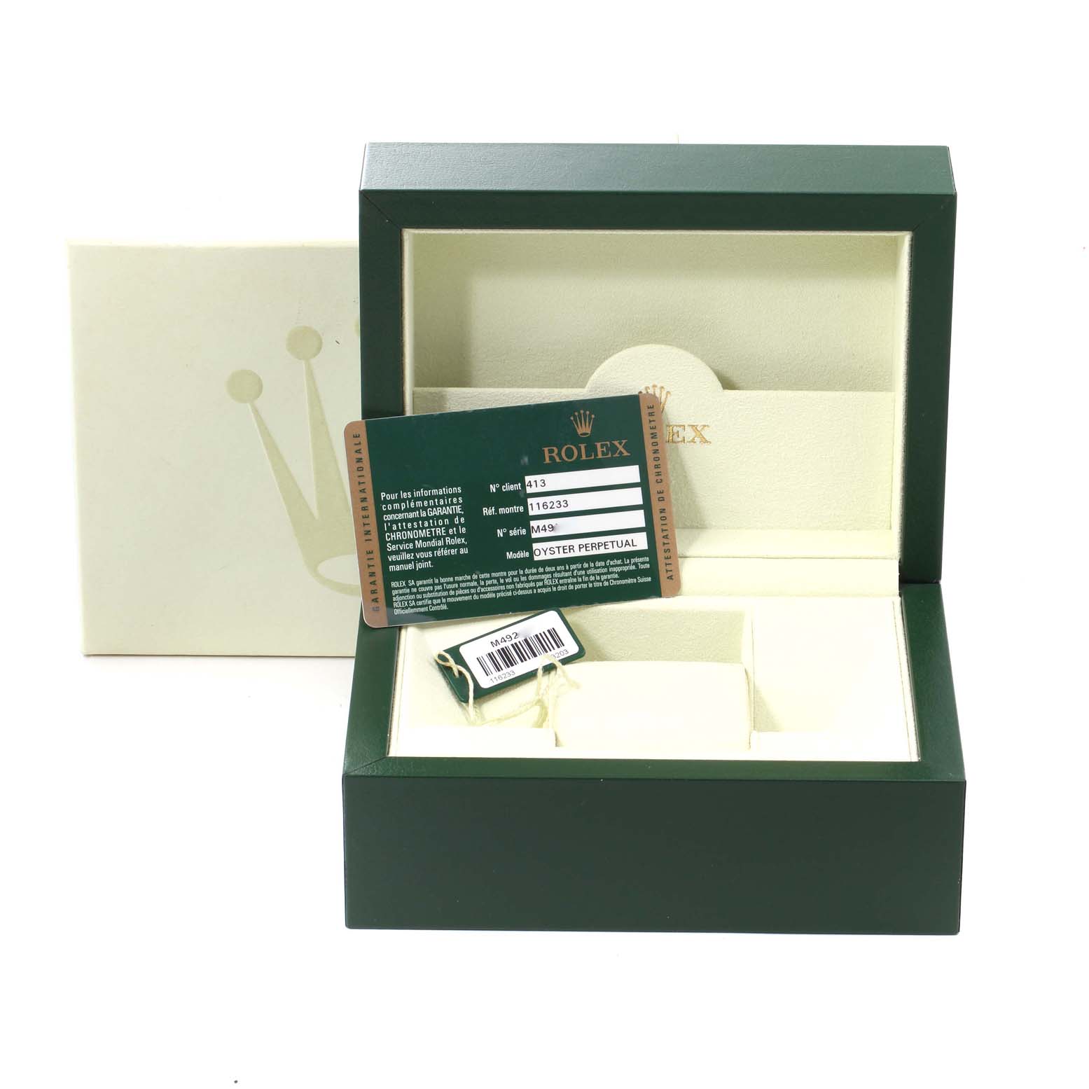 The image shows a Rolex Datejust 116233 Men's Steel and Gold (two tone) Silver Dial 116233 Men's Steel and Gold (two tone) Silver Dial box with certification card and tags, displayed at an angle from the front.