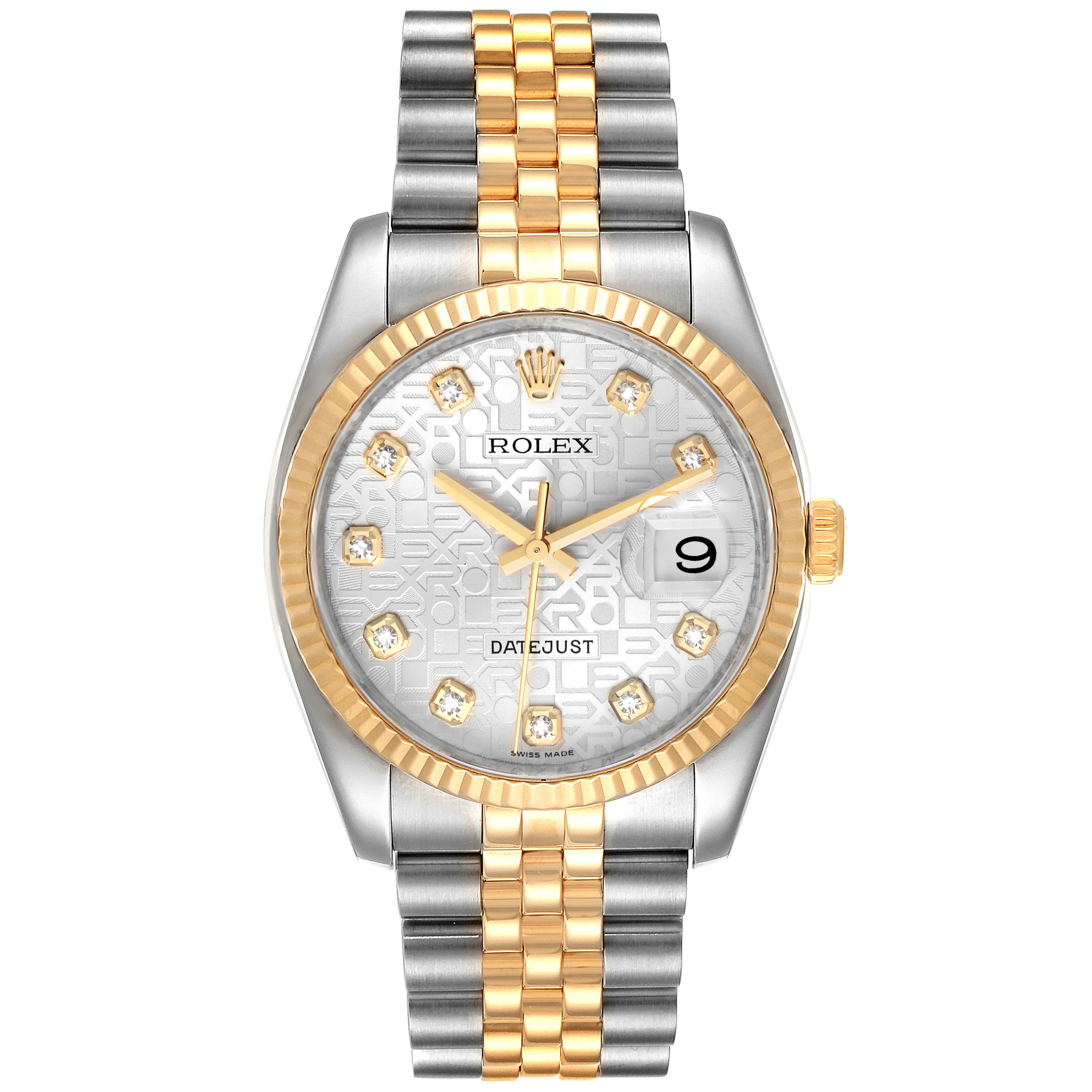 The image shows a Rolex Datejust 116233 Men's Steel and Gold (two tone) Silver Dial 116233 Men's Steel and Gold (two tone) Silver Dial watch from a front view, highlighting the dial, bezel, and two-tone bracelet.