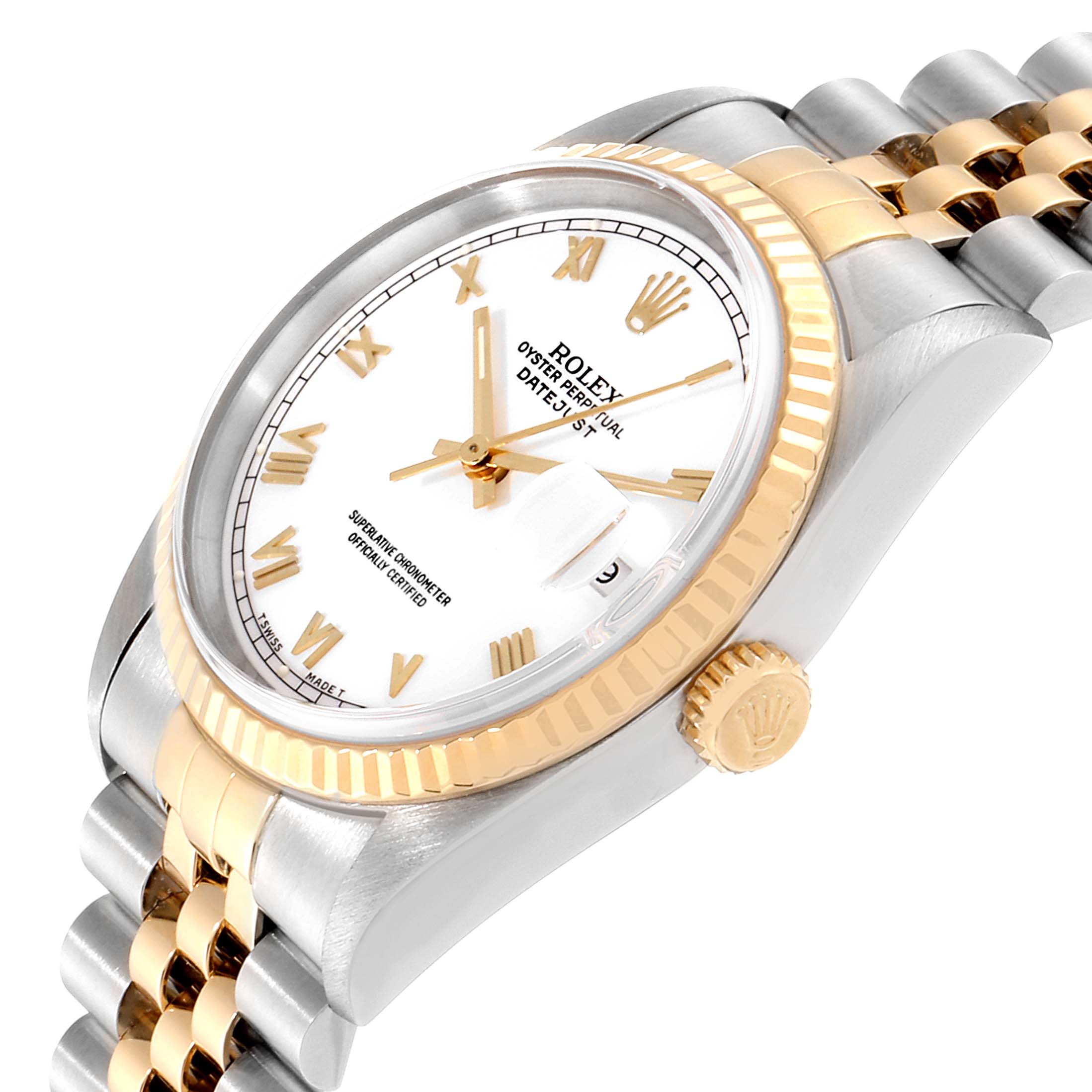 The image shows a close-up angle of the Rolex Datejust 16233 Men's Steel and Gold (two tone) White Dial 16233 Men's Steel and Gold (two tone) White Dial watch, highlighting the dial, bezel, and part of its bracelet.