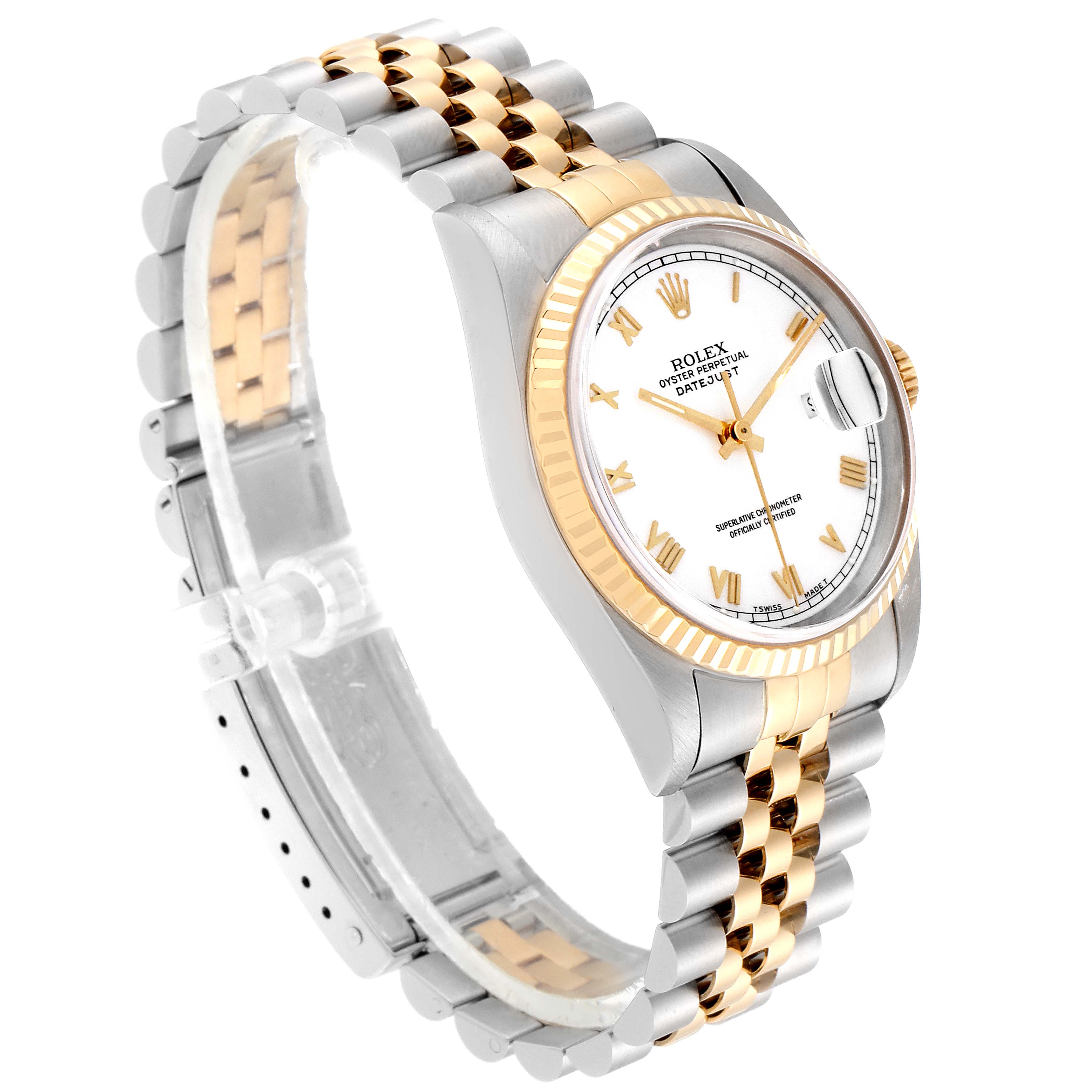 The Rolex Datejust 16233 Men's Steel and Gold (two tone) White Dial 16233 Men's Steel and Gold (two tone) White Dial watch is shown at an angled view, displaying the face, bezel, and two-tone bracelet.