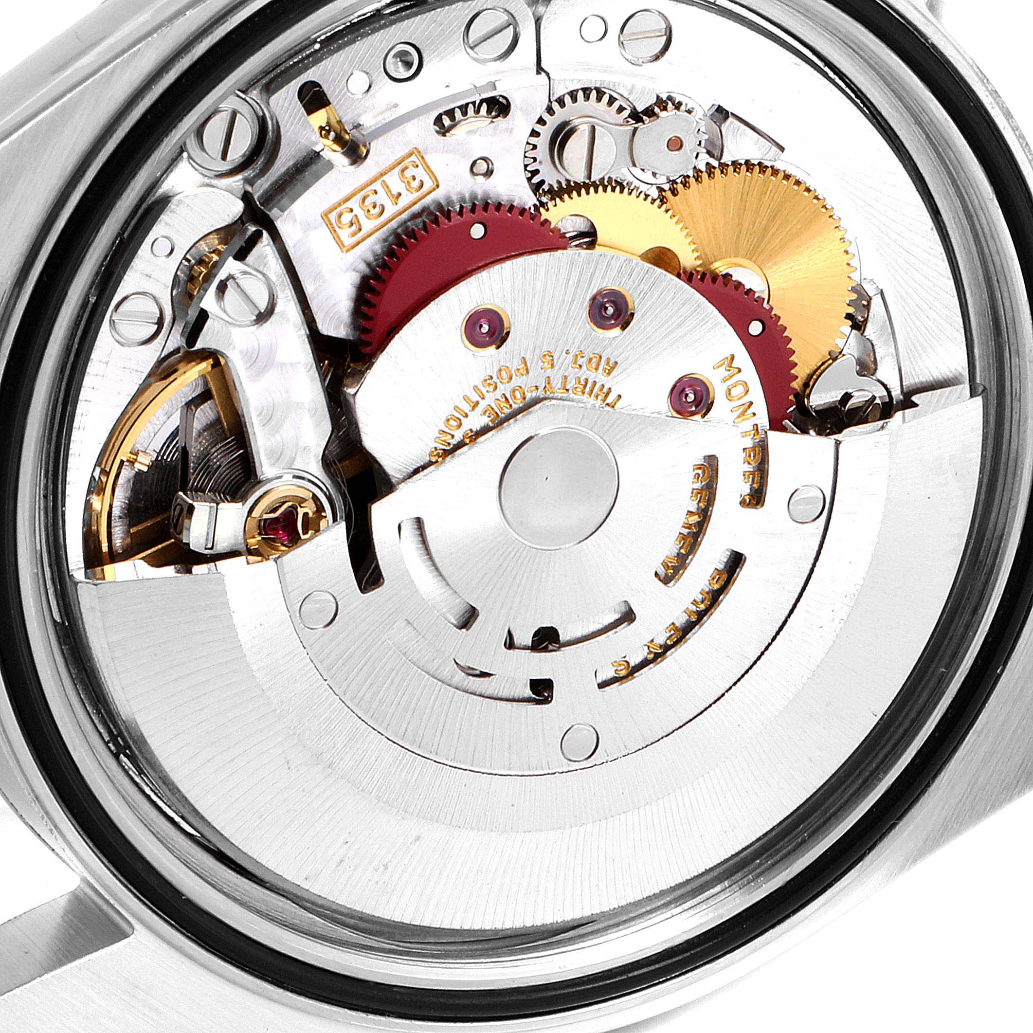 This image shows the intricate movement and mechanical components of a Rolex Datejust 16233 Men's Steel and Gold (two tone) White Dial 16233 Men's Steel and Gold (two tone) White Dial watch from a back view.