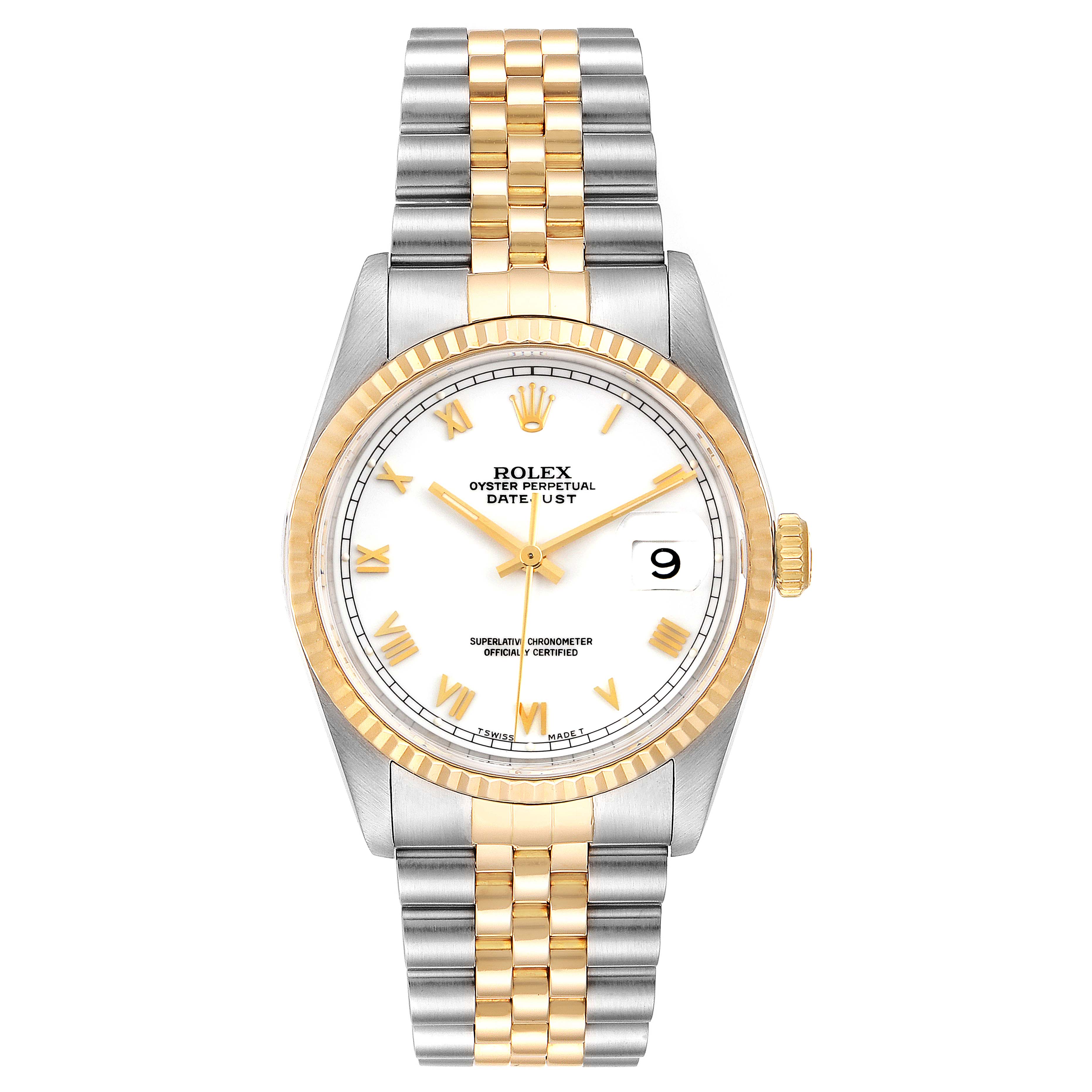 This image shows a front view of a Rolex Datejust 16233 Men's Steel and Gold (two tone) White Dial 16233 Men's Steel and Gold (two tone) White Dial watch, displaying the face, bezel, and the Jubilee bracelet.